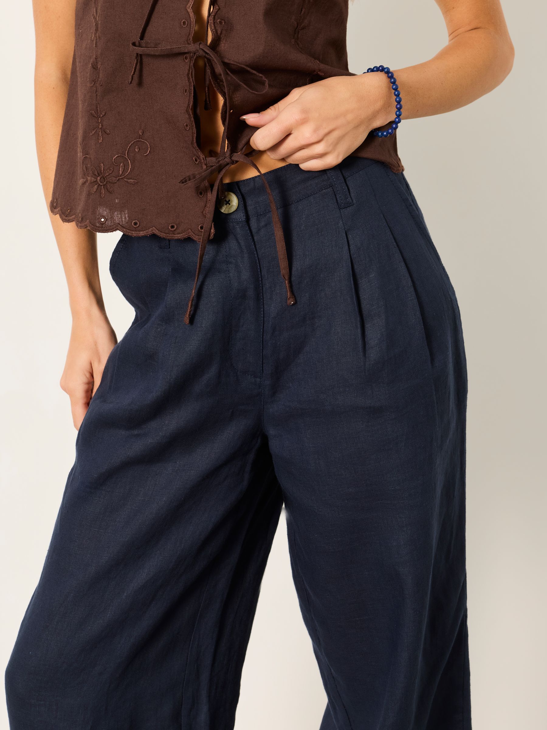 Navy Wide Leg Linen Trousers - Image 4 of 6