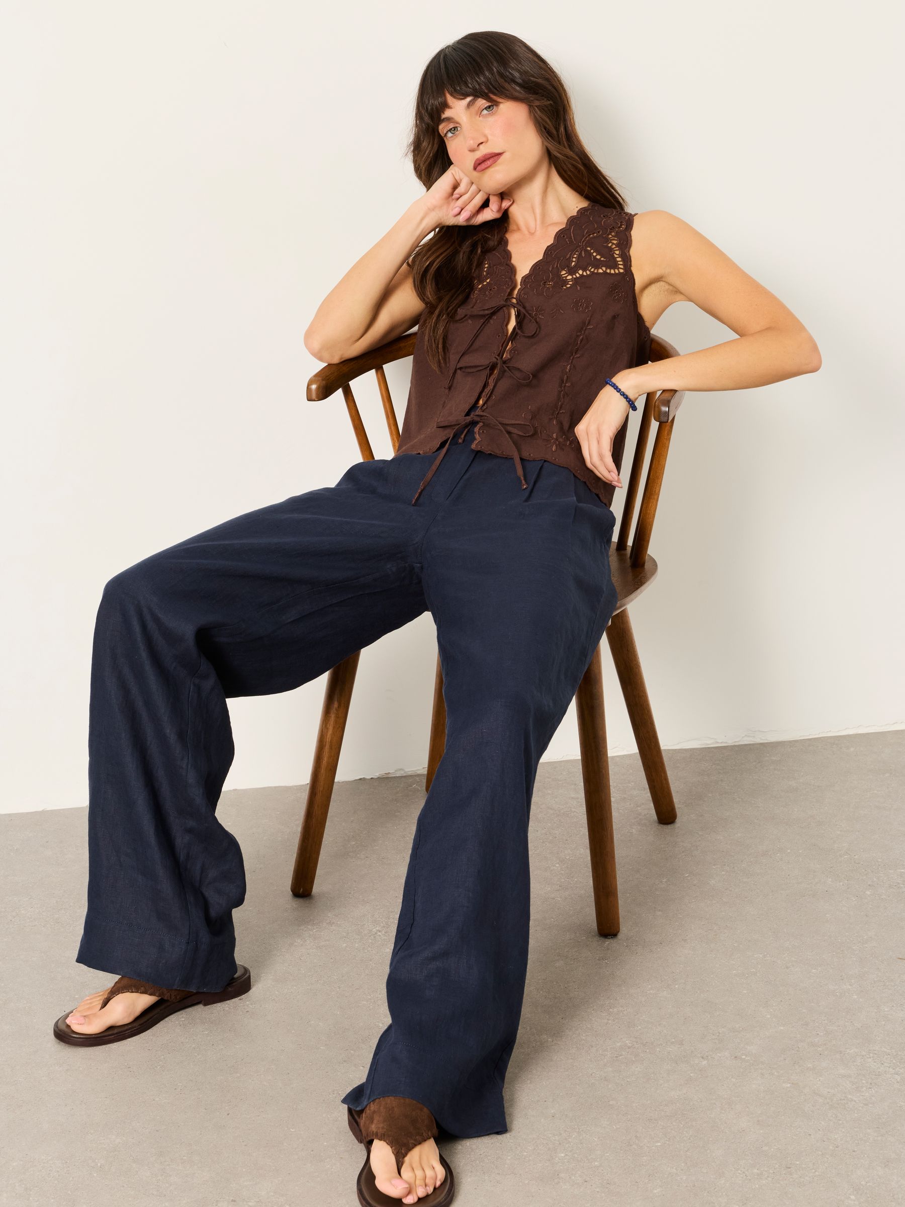 Navy Wide Leg Linen Trousers - Image 5 of 6