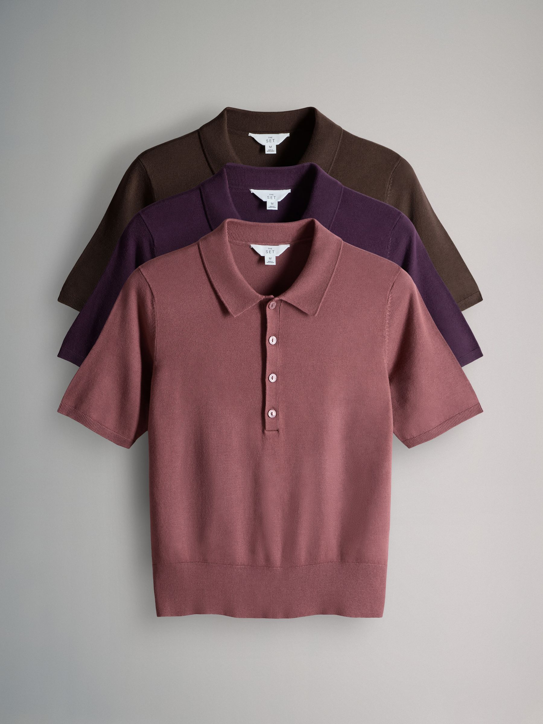 Brown/Plum/Dark Pink - 3 Pack Fine Knit Collared Polo Tops - Image 1 of 6