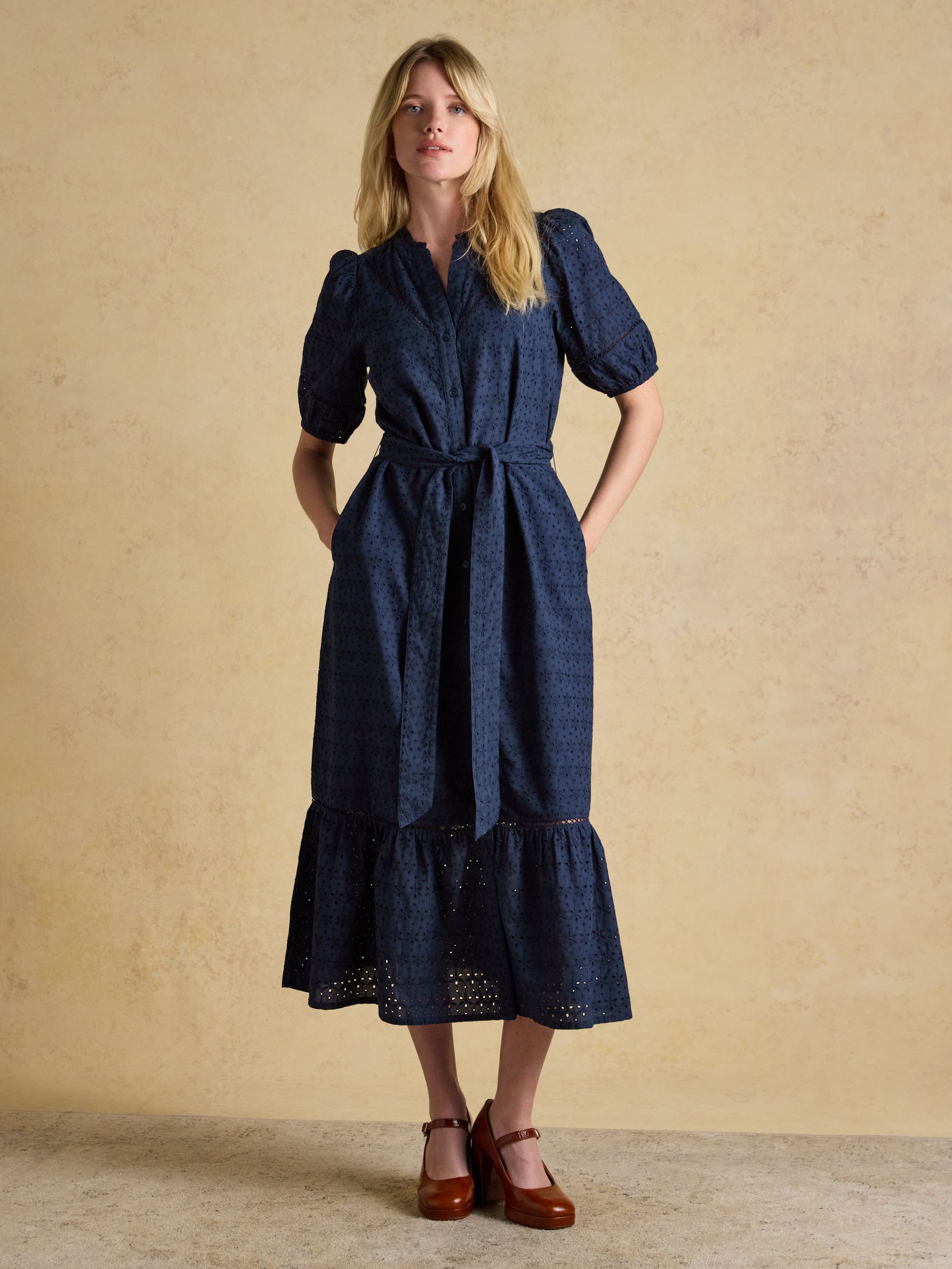 Susanna Navy Short Sleeve Broderie Midi Dress - Image 1 of 10