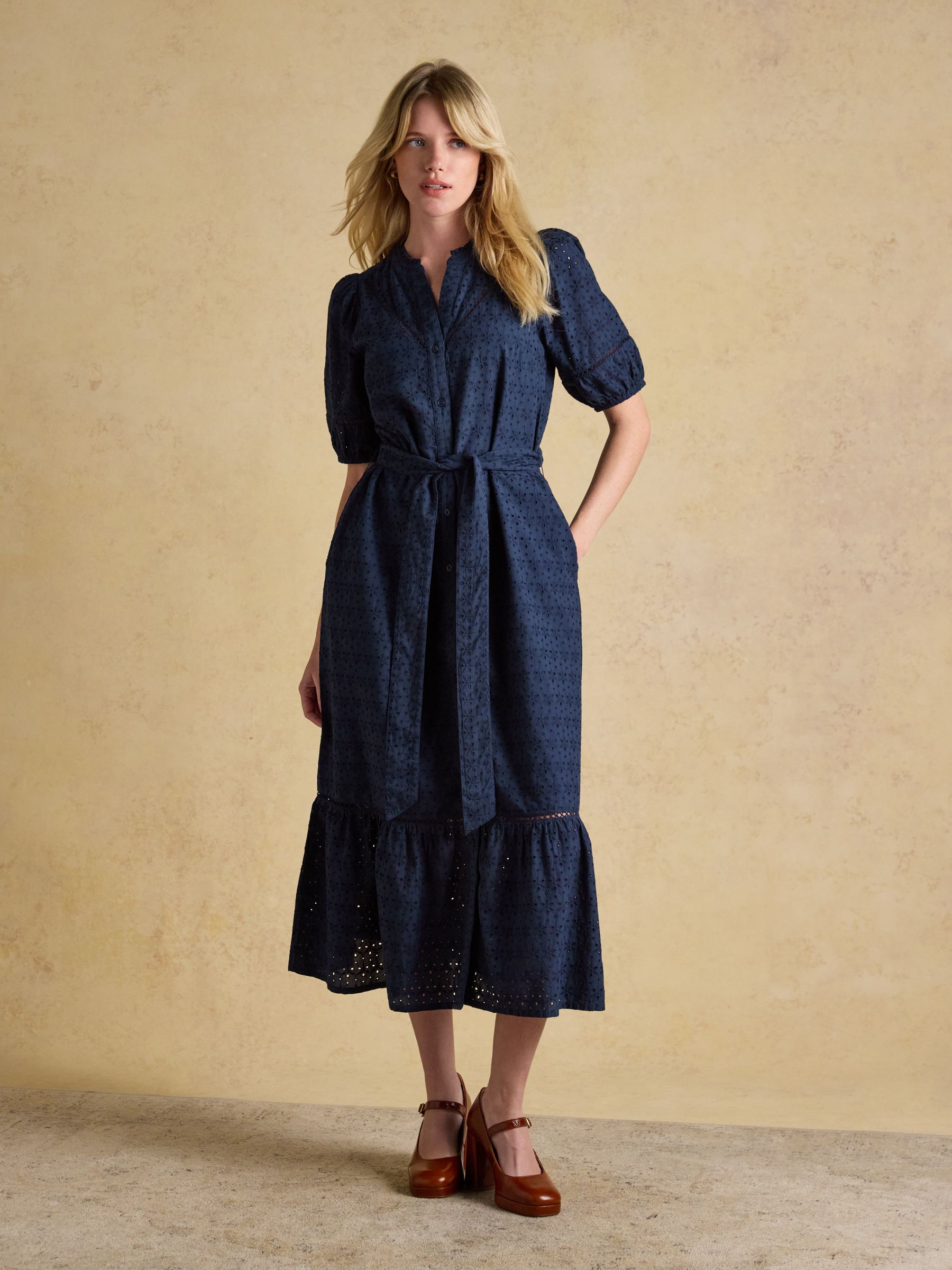 Susanna Navy Short Sleeve Broderie Midi Dress - Image 4 of 10