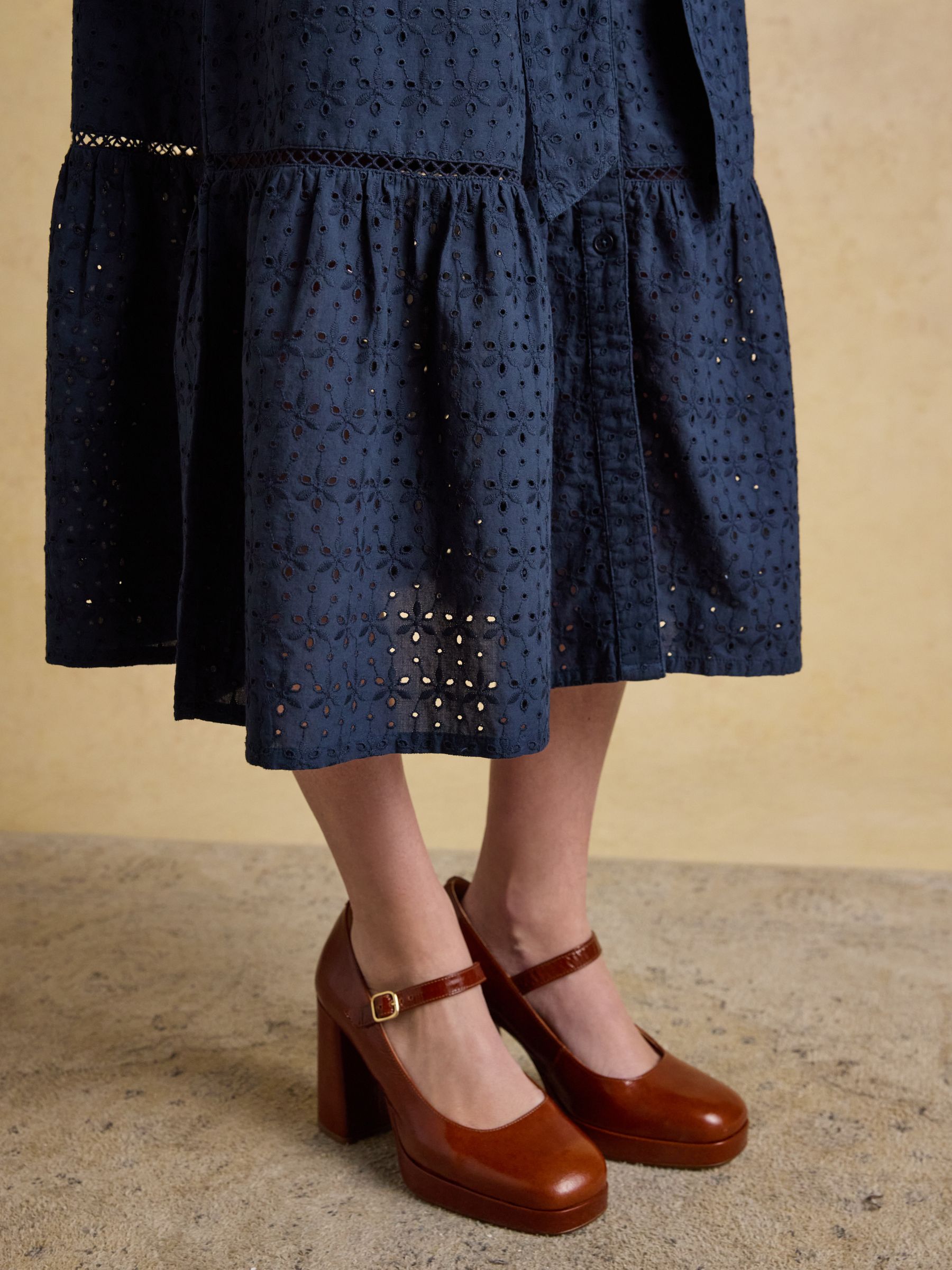 Susanna Navy Short Sleeve Broderie Midi Dress - Image 9 of 10