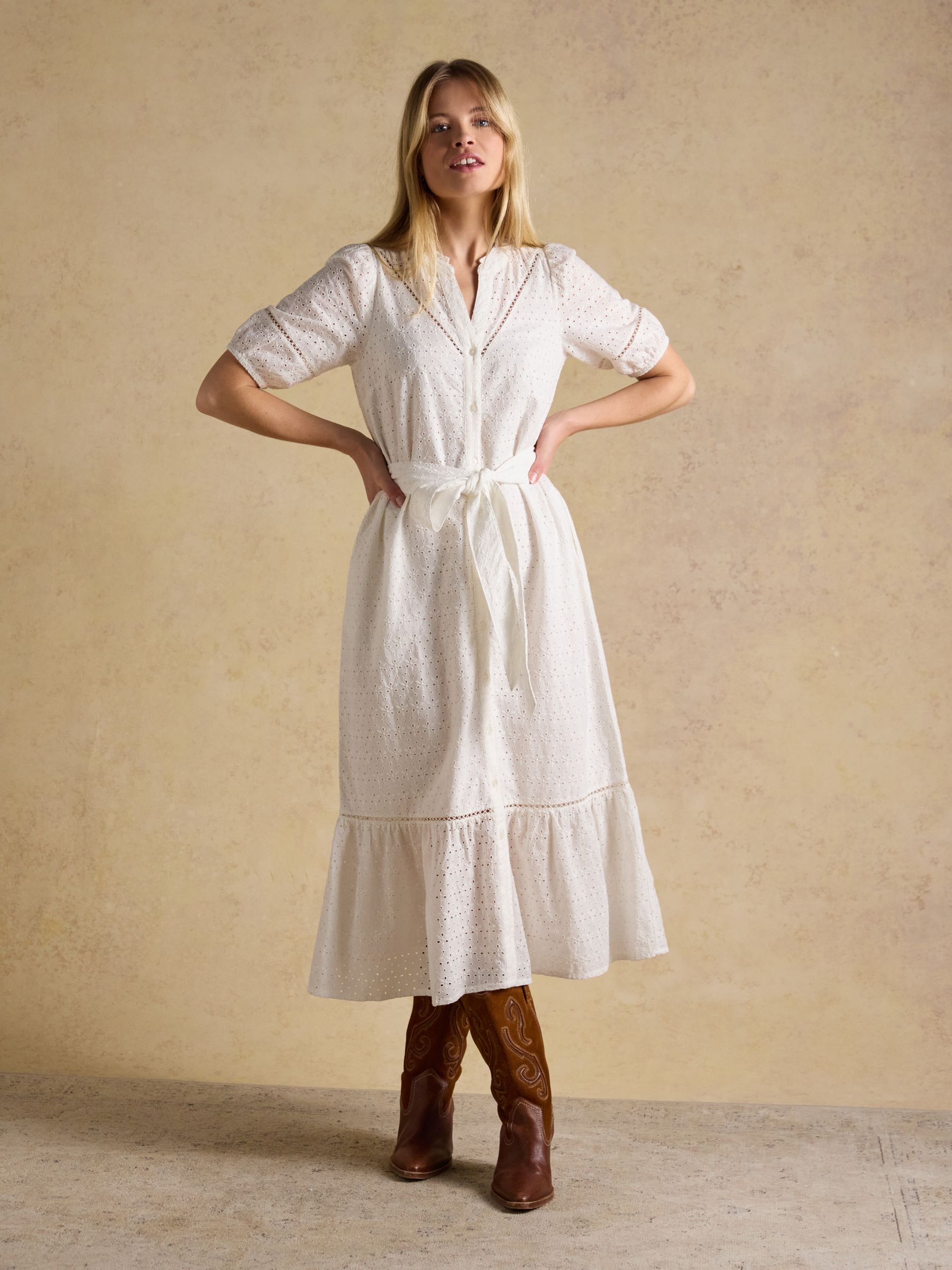 Susanna Chalk White Short Sleeve Broderie Midi Dress - Image 1 of 9