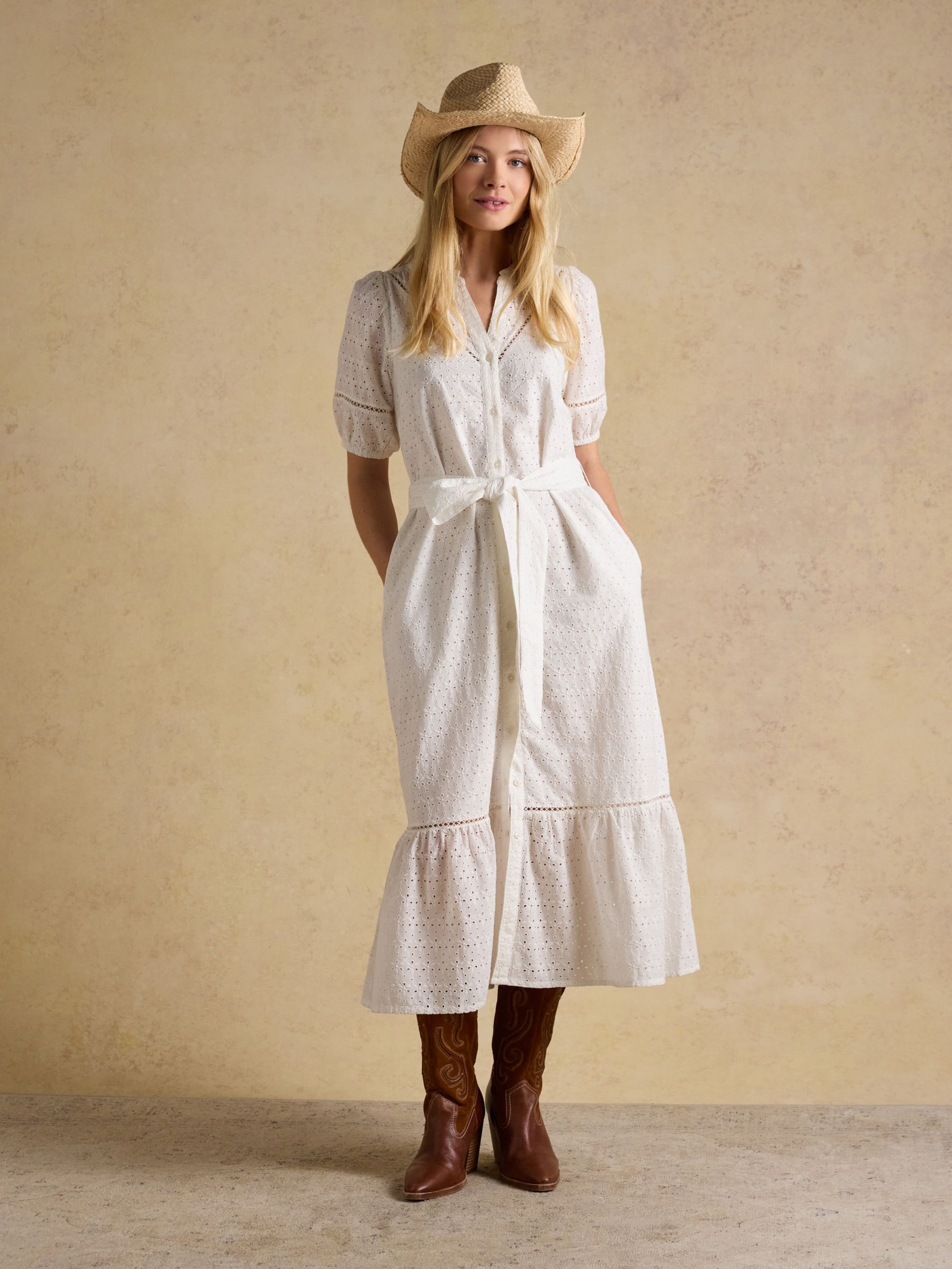 Susanna Chalk White Short Sleeve Broderie Midi Dress - Image 5 of 9