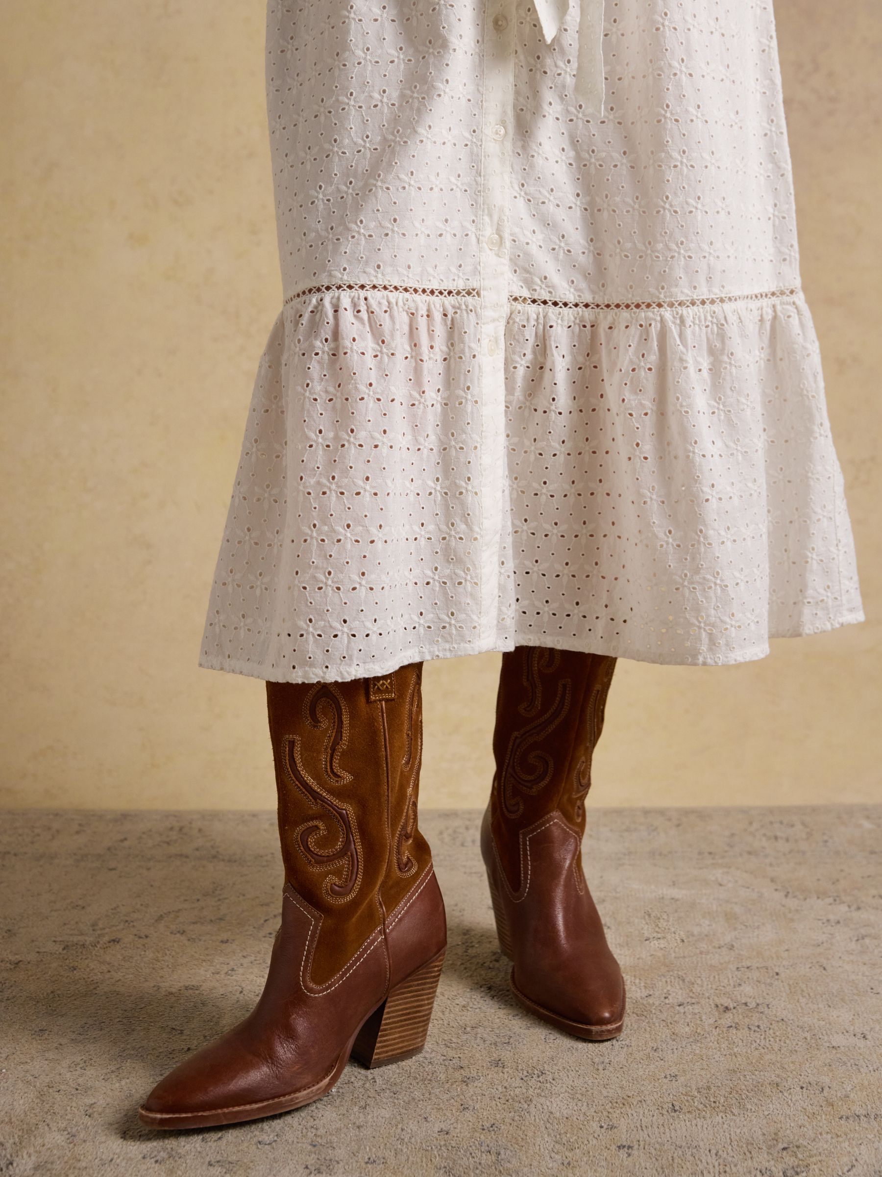 Susanna Chalk White Short Sleeve Broderie Midi Dress - Image 6 of 9