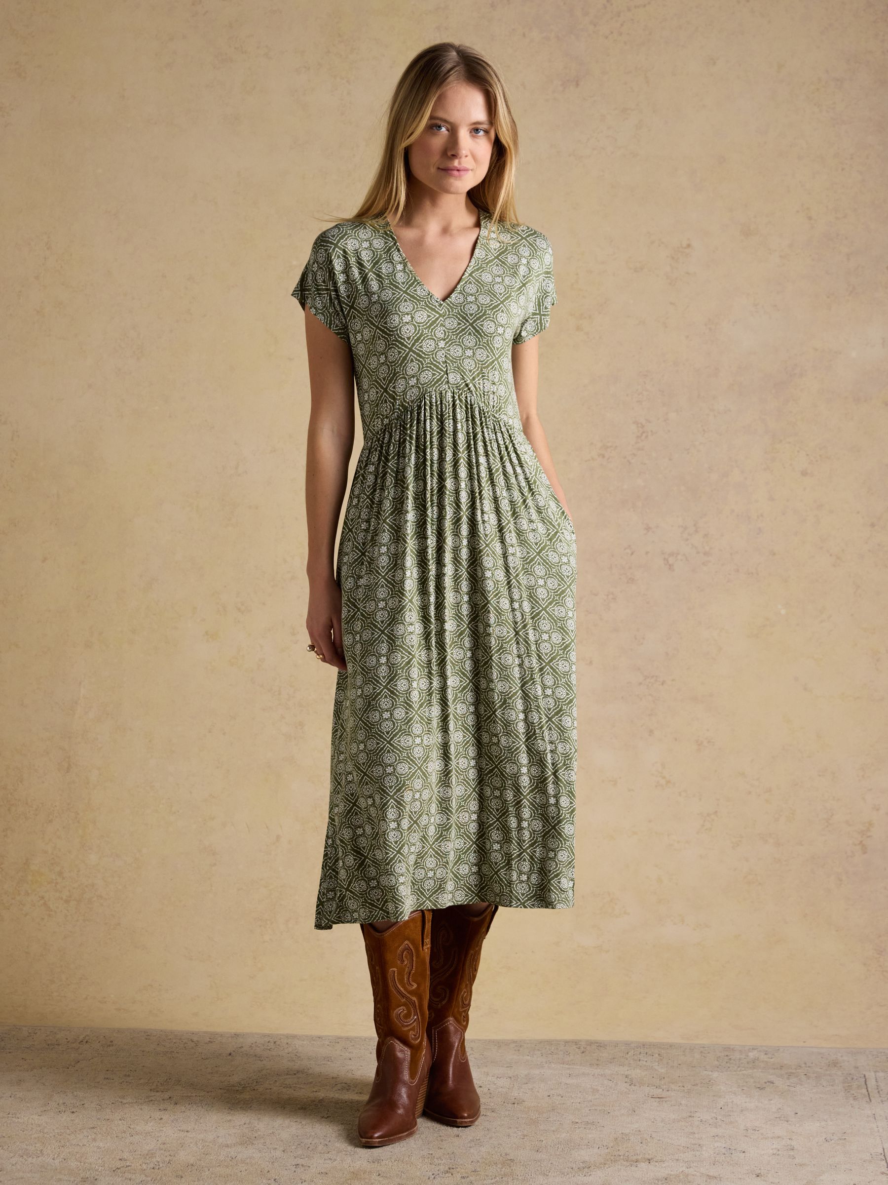 Nia Khaki Green Short Sleeve Jersey Midi Dress | Joules