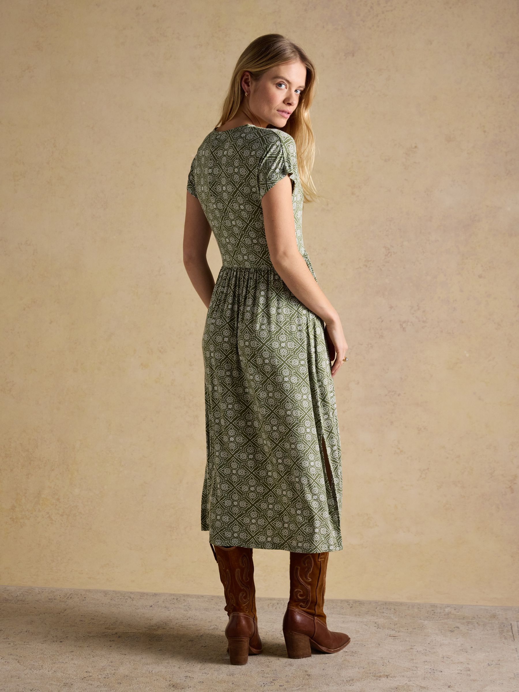 Nia Khaki Green Short Sleeve Jersey Midi Dress - Image 2 of 7