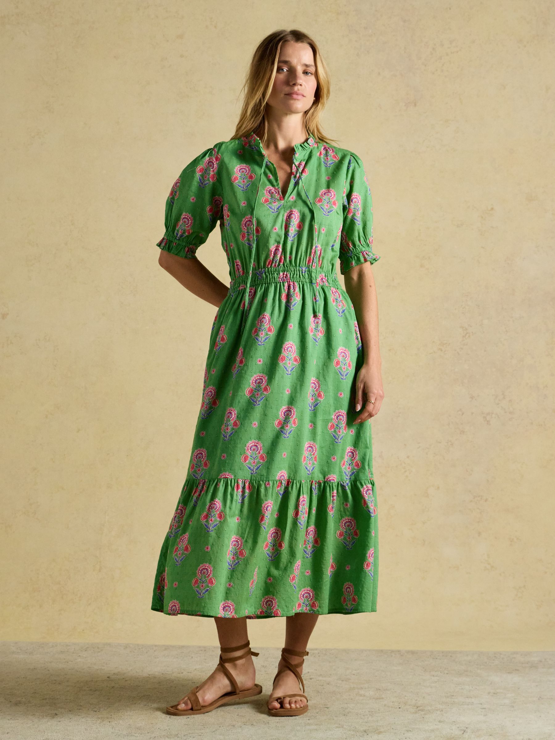 Larissa Green & Pink Foulard Print Tie Neck Midi Dress - Image 1 of 9