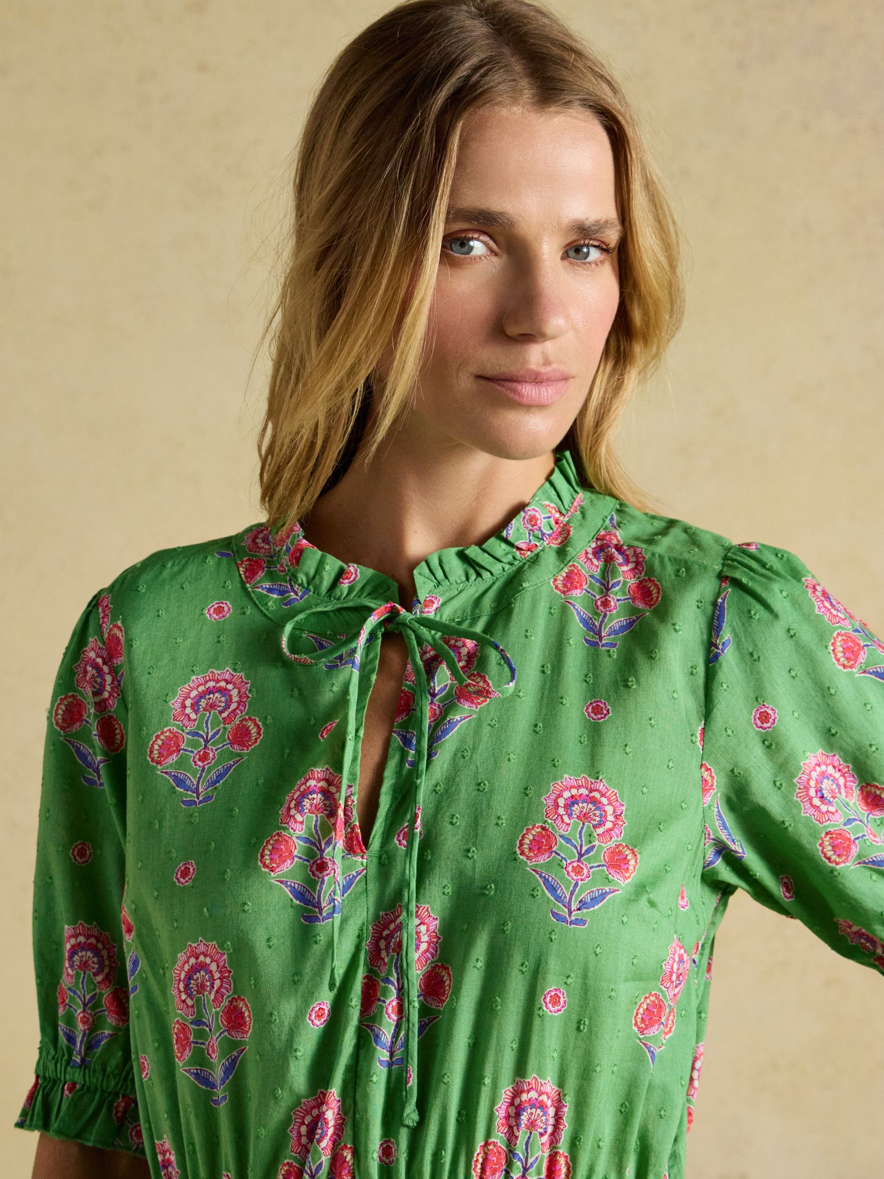 Larissa Green & Pink Foulard Print Tie Neck Midi Dress - Image 3 of 9