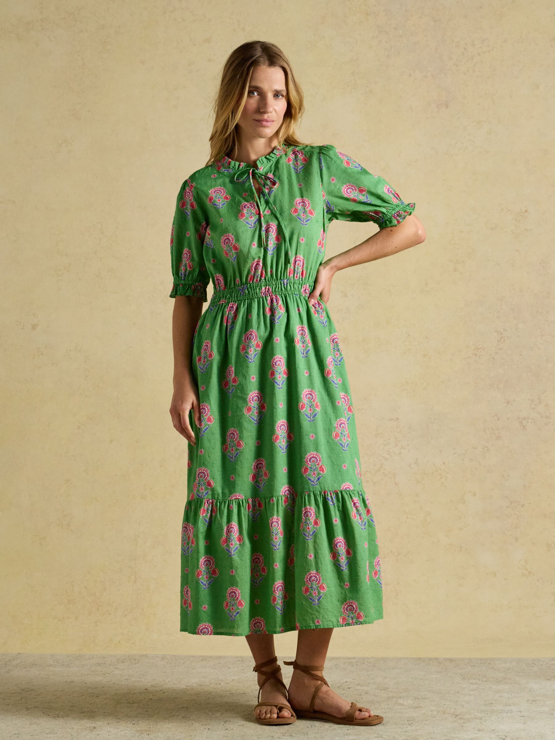 Larissa Green & Pink Foulard Print Tie Neck Midi Dress - Image 5 of 9