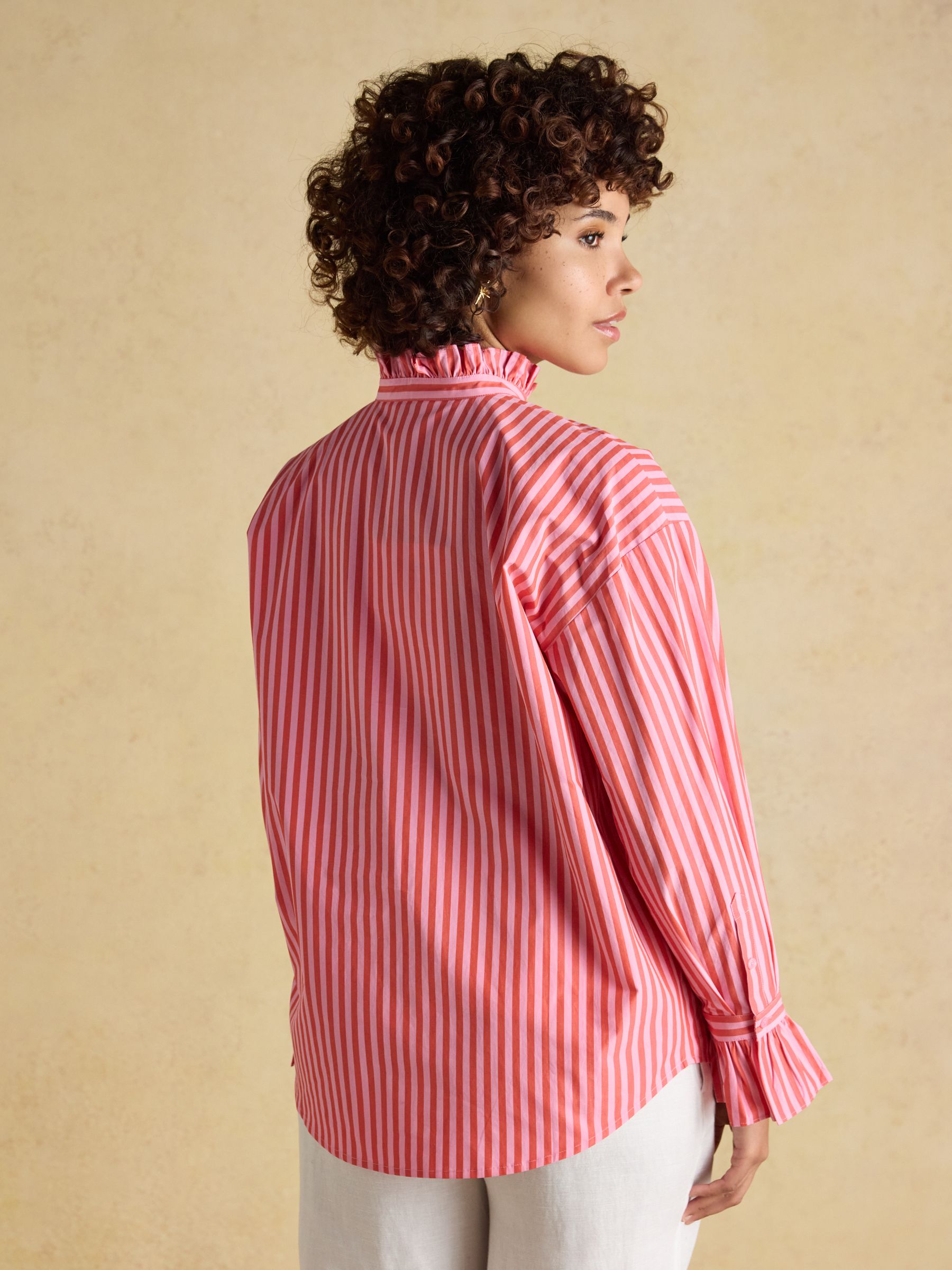 Mae Pink/Red Stripe Relaxed Fit Frill Neck Shirt - Image 5 of 10