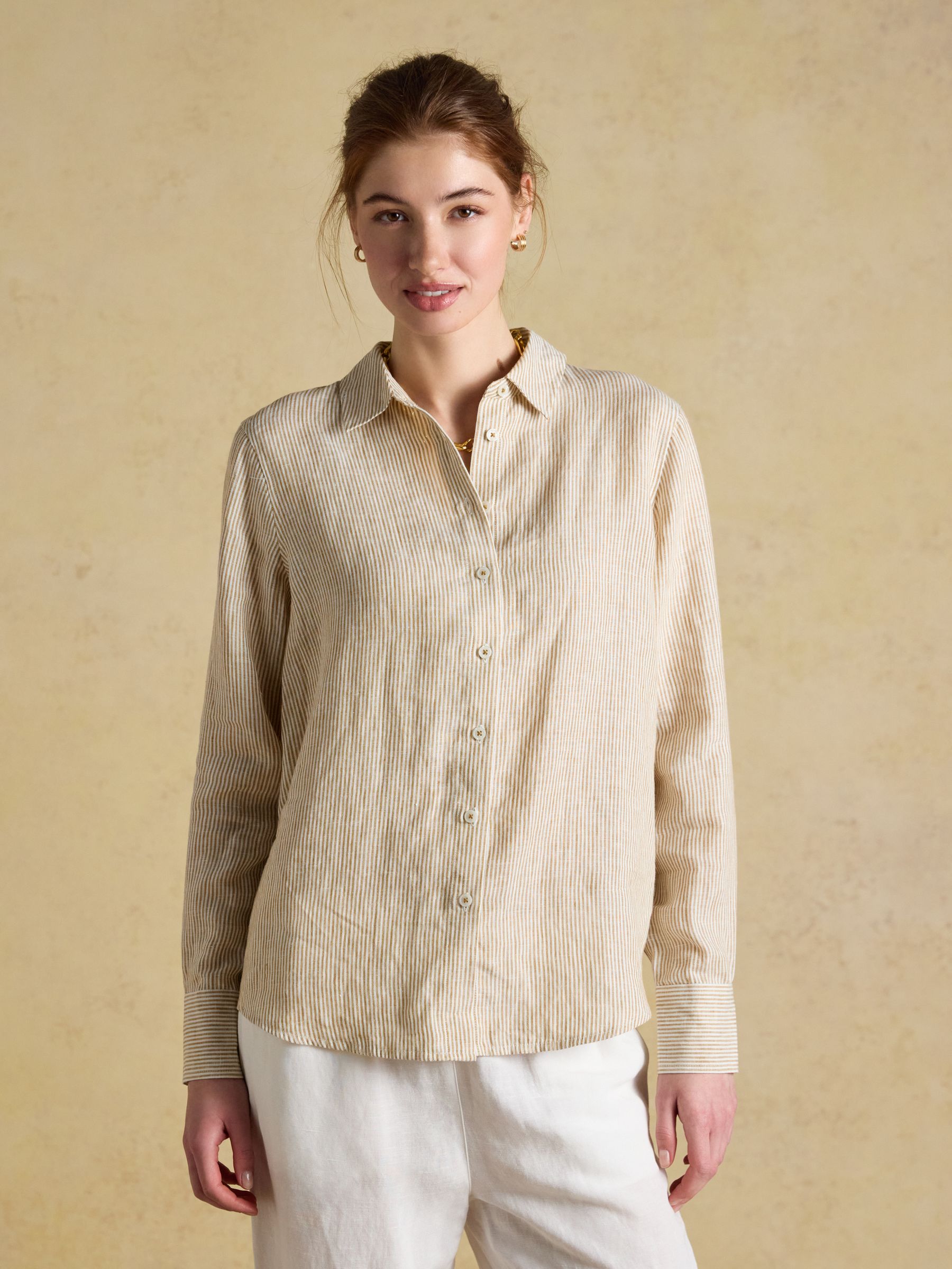 Anna Tan Stripe Long Sleeve Pure Linen Shirt - Image 1 of 7