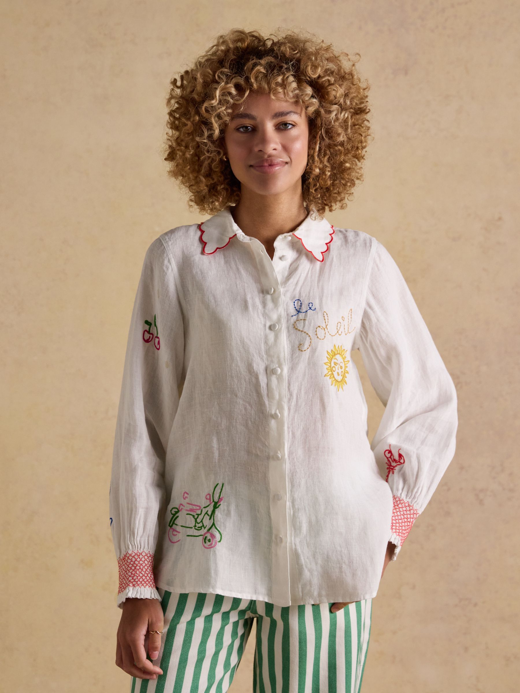 Orla White Embroidered Icons Pure Linen Long Sleeve Shirt - Image 1 of 9