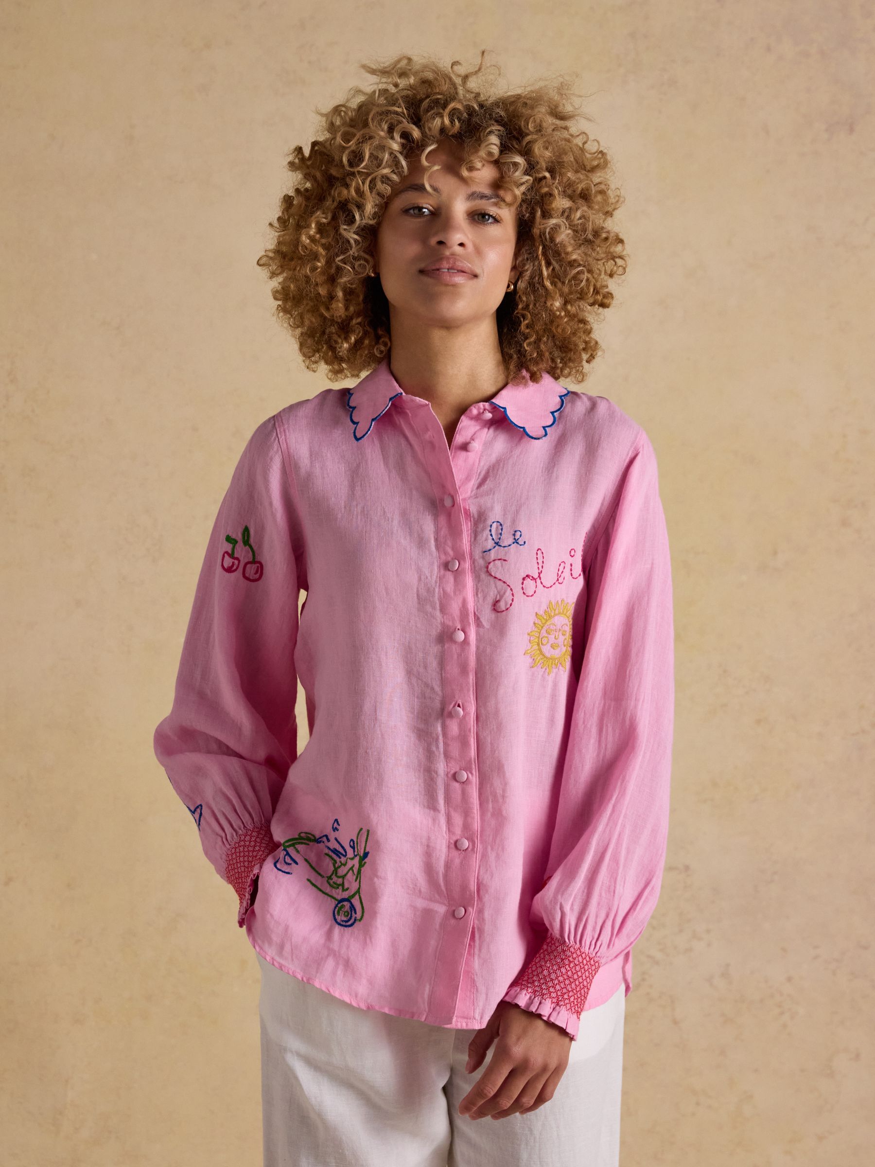 Orla Pink Embroidered Icons Pure Linen Long Sleeve Shirt - Image 1 of 10