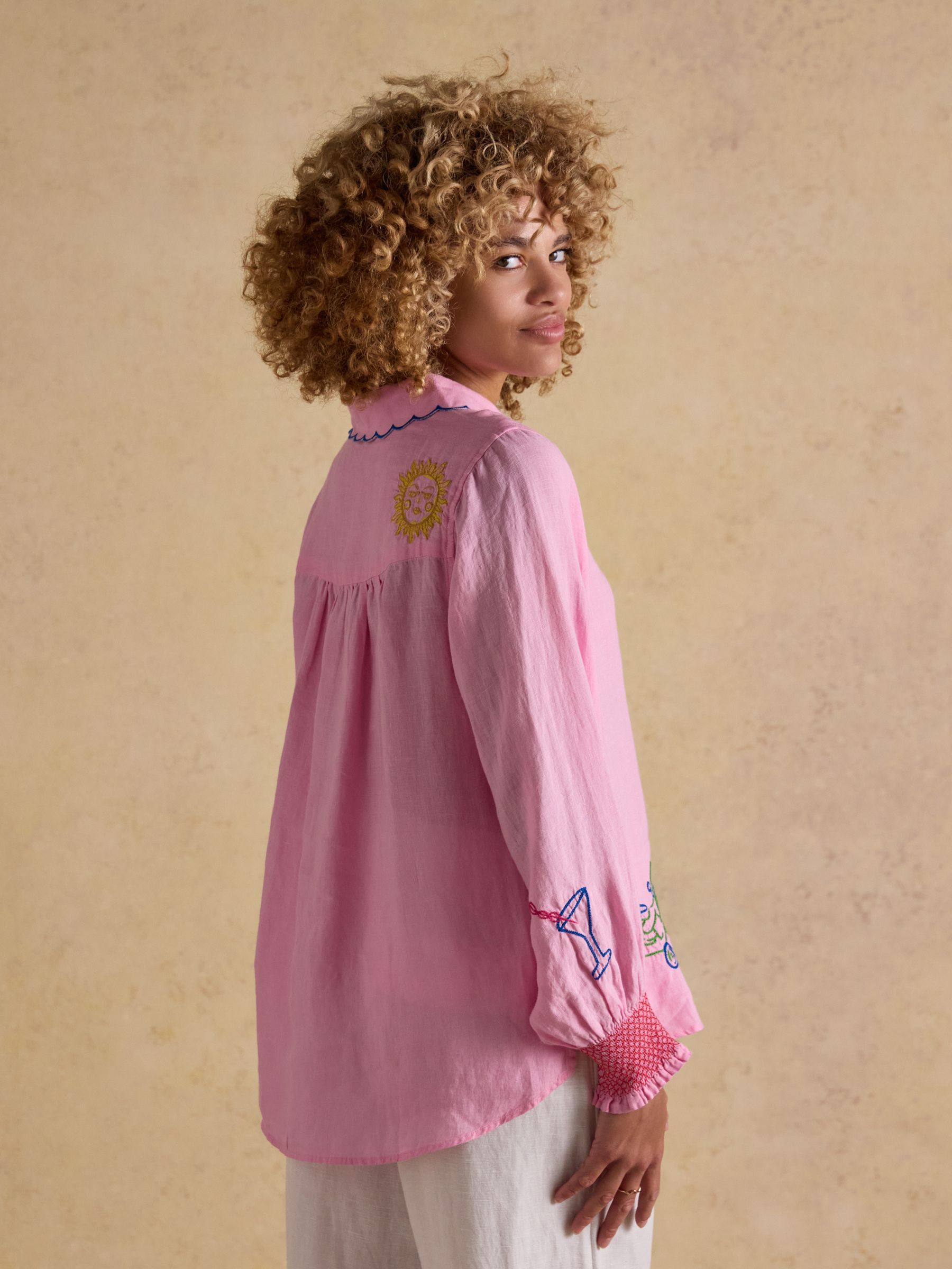 Orla Pink Embroidered Icons Pure Linen Long Sleeve Shirt - Image 2 of 10