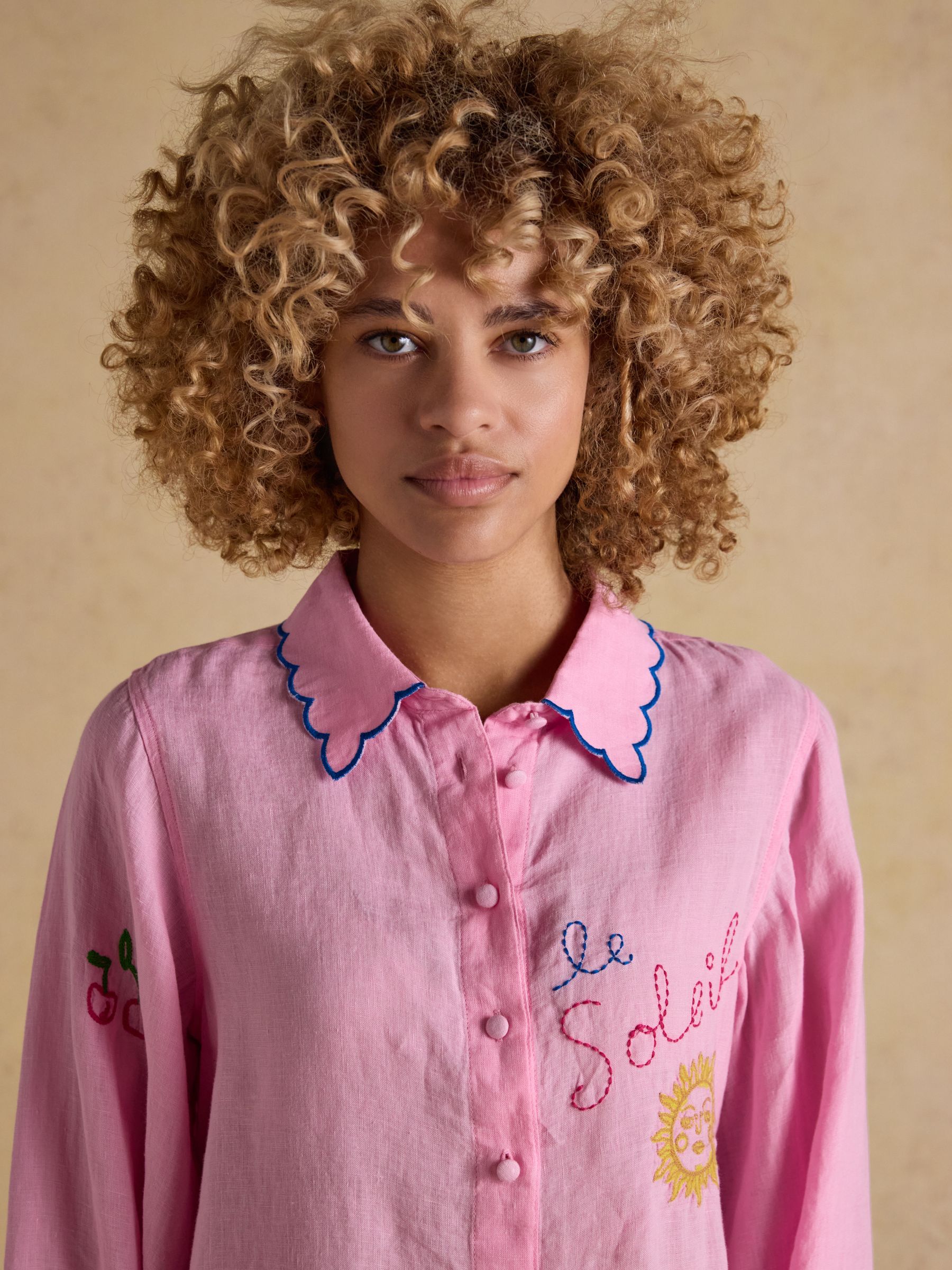 Orla Pink Embroidered Icons Pure Linen Long Sleeve Shirt - Image 5 of 10