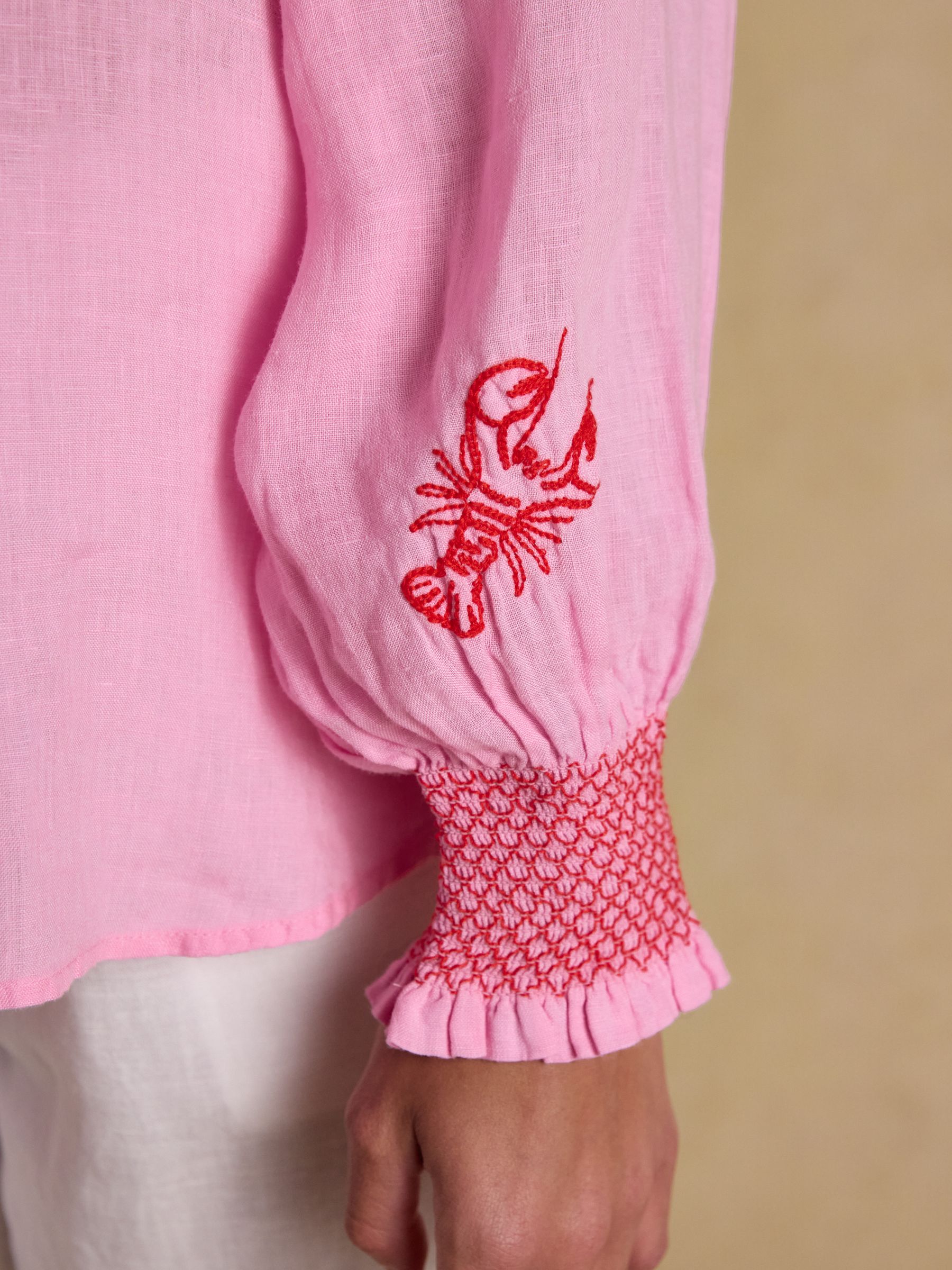 Orla Pink Embroidered Icons Pure Linen Long Sleeve Shirt - Image 7 of 10