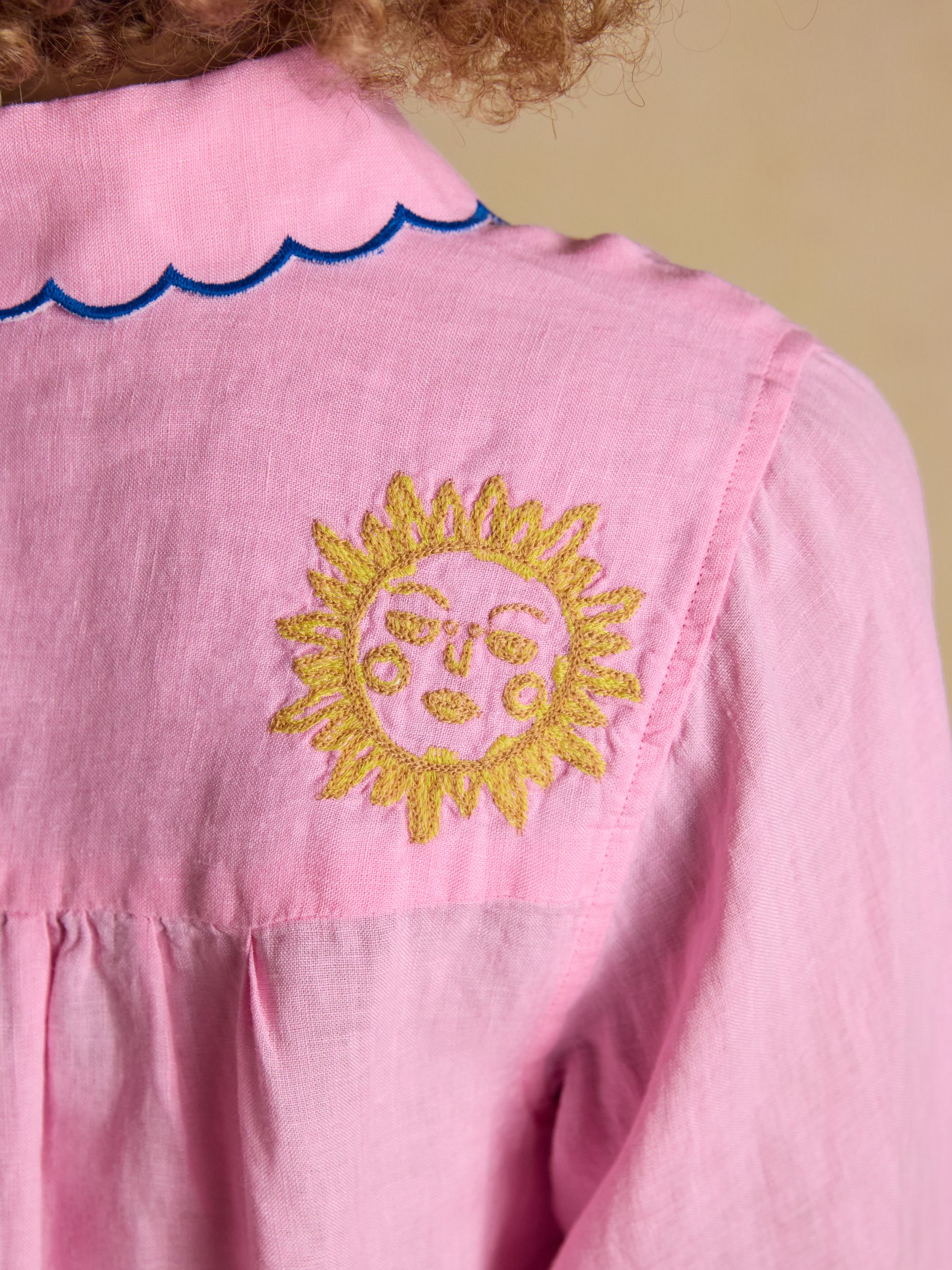 Orla Pink Embroidered Icons Pure Linen Long Sleeve Shirt - Image 9 of 10