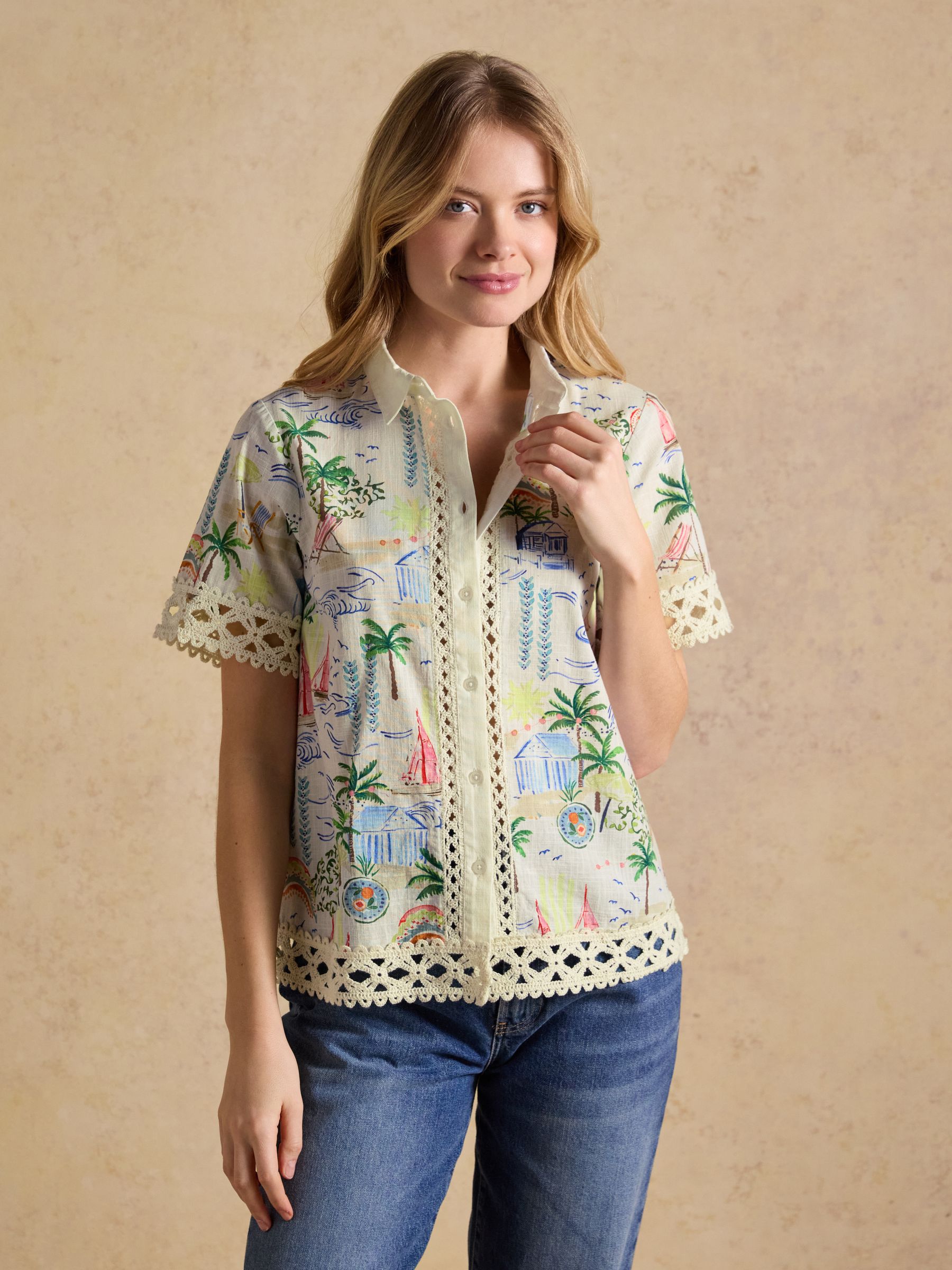 Isobel White Coastal Scene Print Crochet Trim Shirt - Image 4 of 12