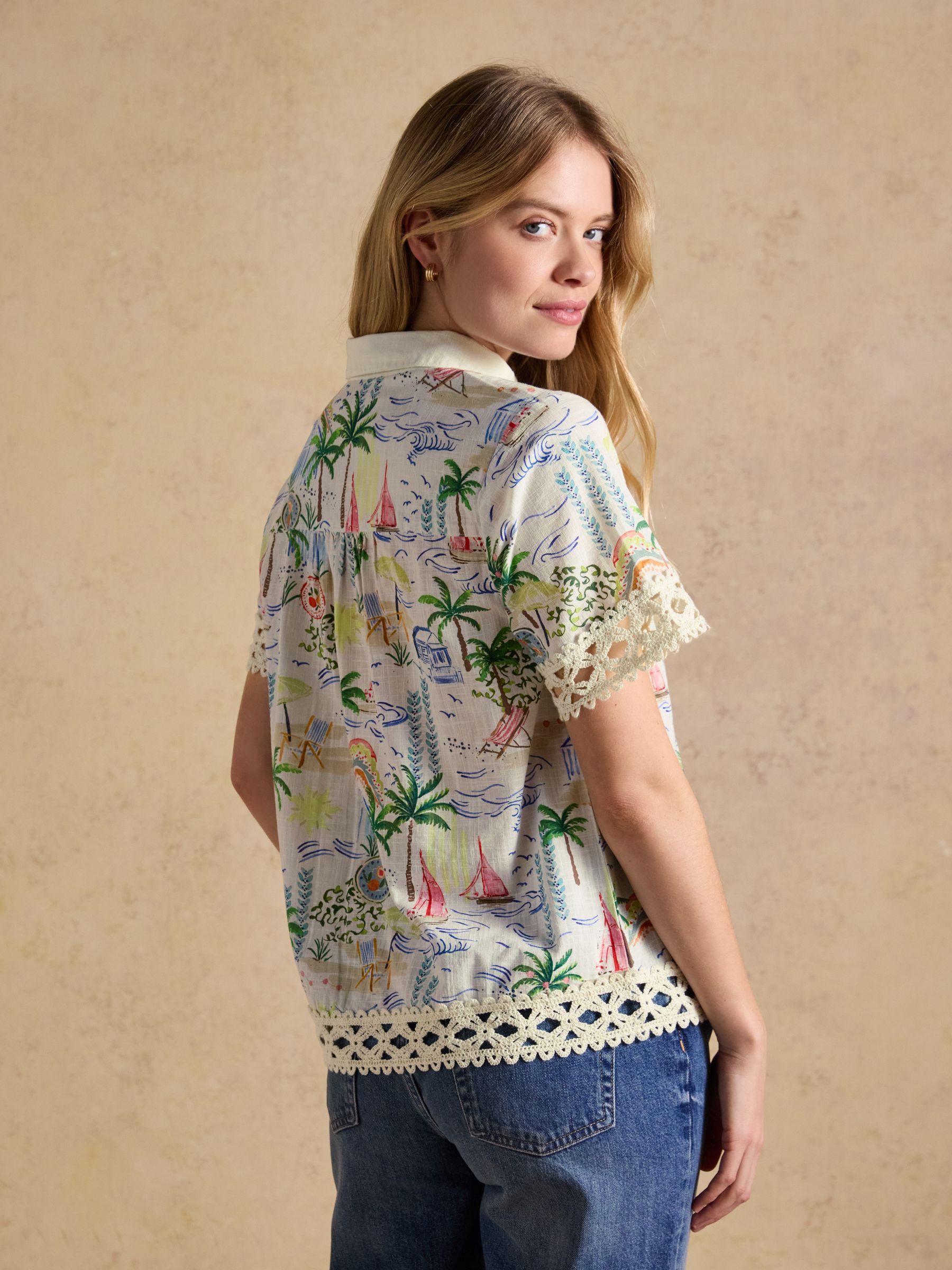 Isobel White Coastal Scene Print Crochet Trim Shirt - Image 5 of 12