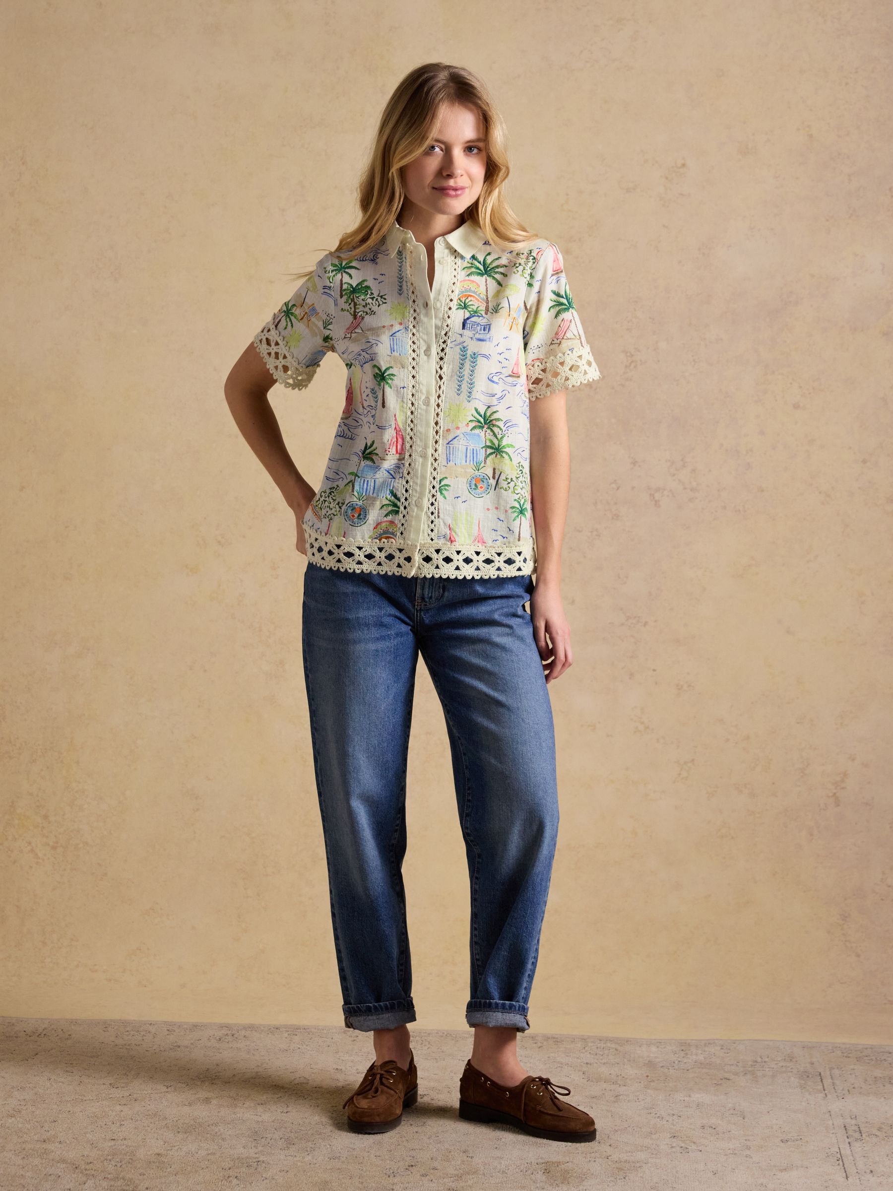 Isobel White Coastal Scene Print Crochet Trim Shirt - Image 7 of 12