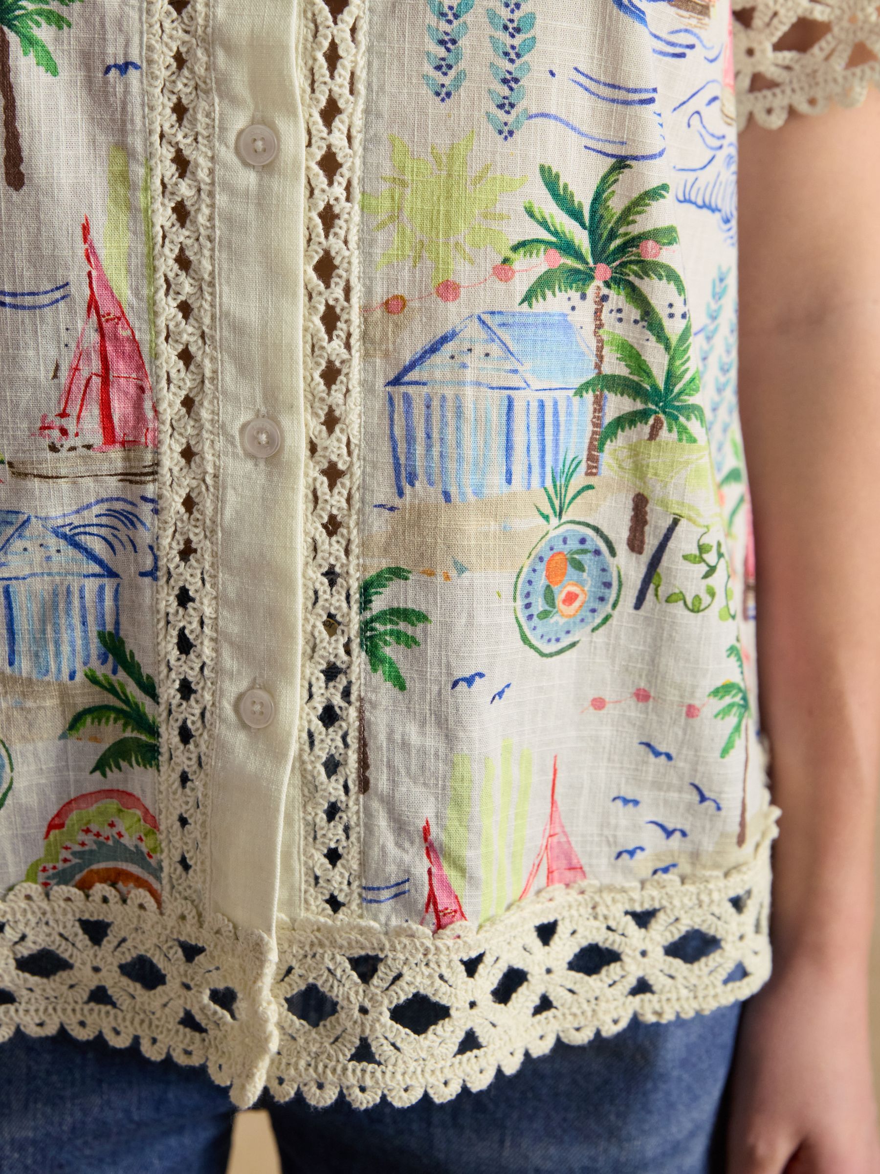 Isobel White Coastal Scene Print Crochet Trim Shirt - Image 9 of 12