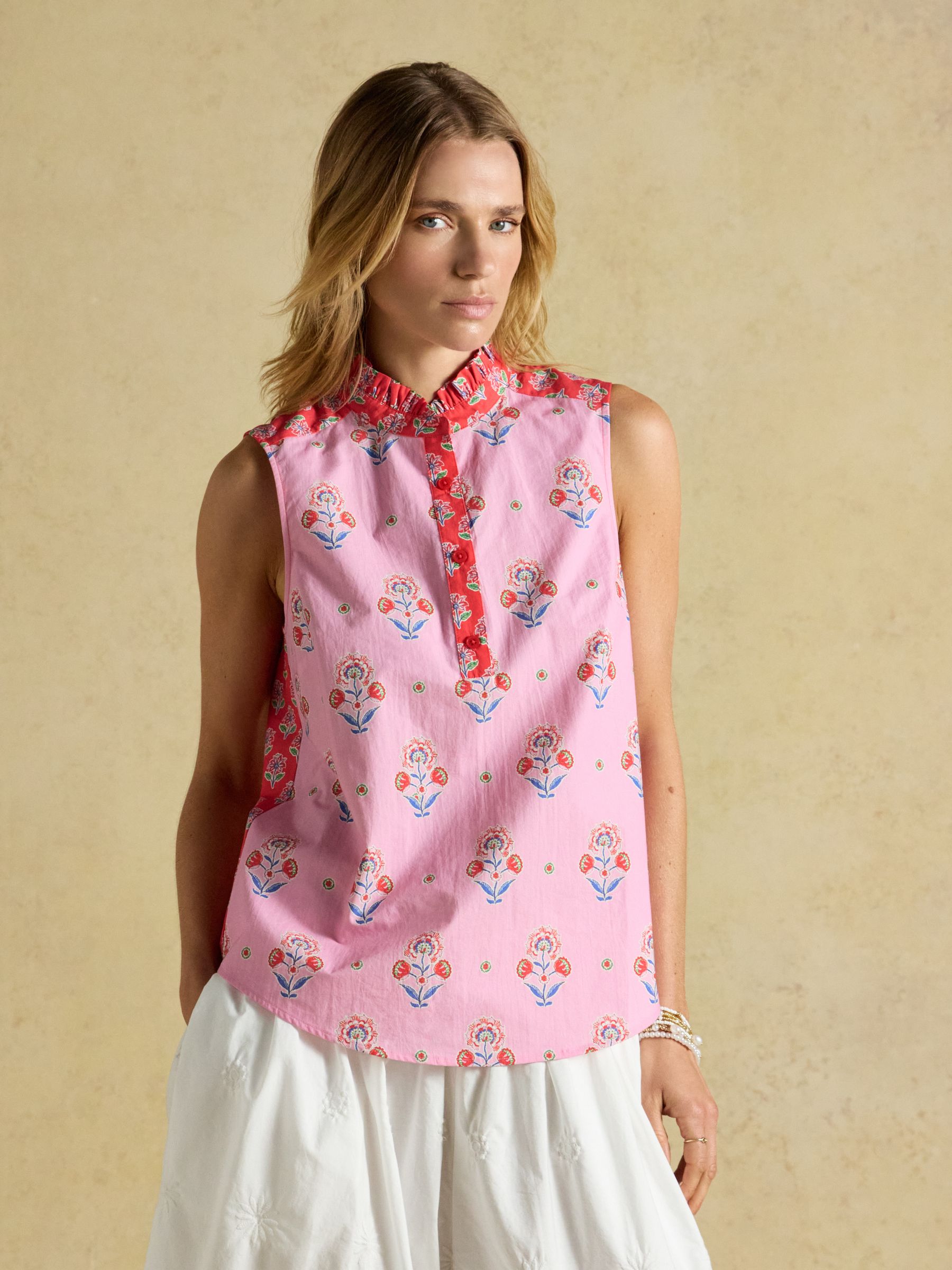 Iris Pink & Orange Sleeveless Frill Neck Shirt - Image 1 of 7 Iris Pink & Orange Sleeveless Frill Neck Shirt - Image 1 of 7