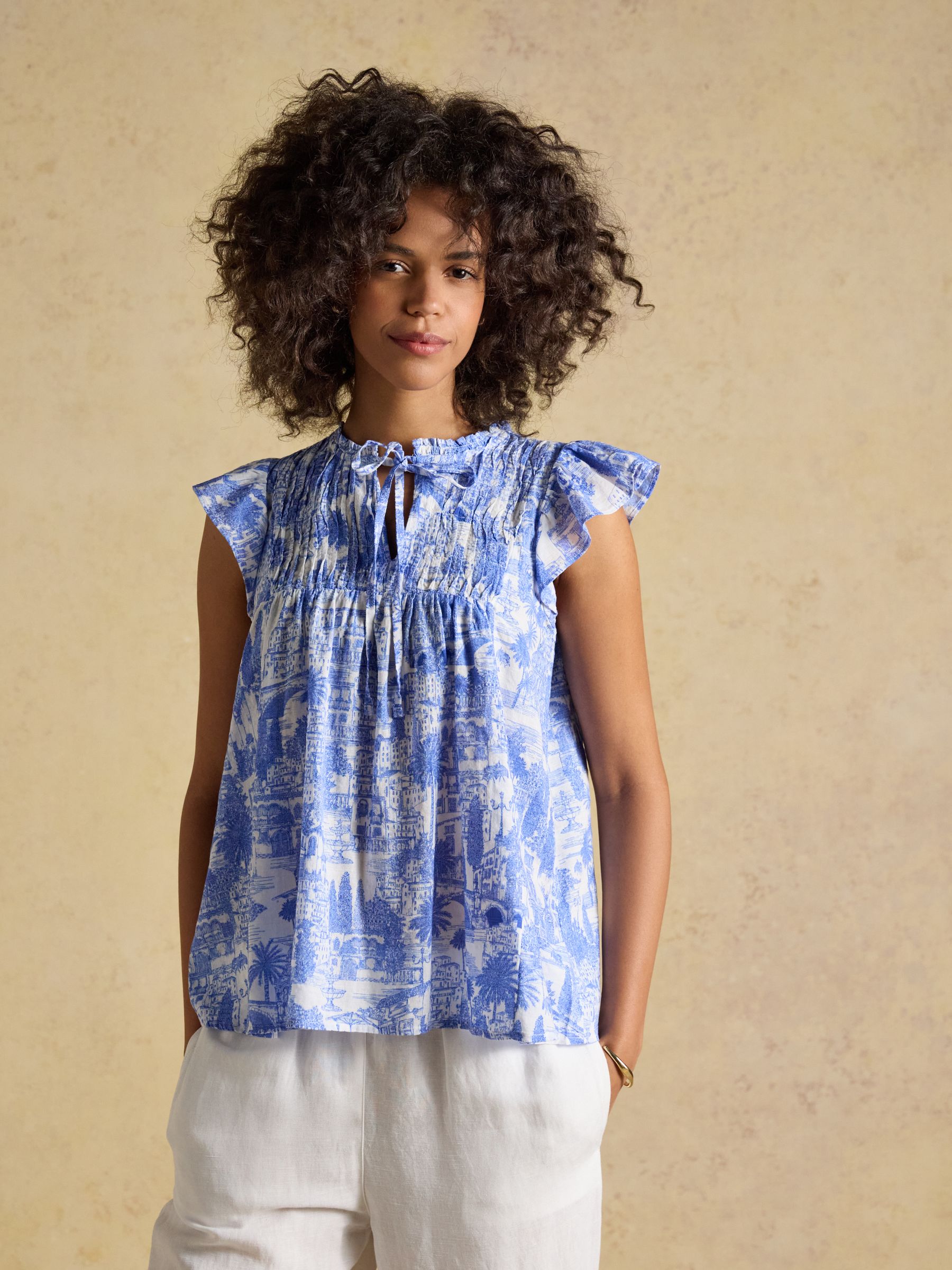 Nolan Blue Toile Sleeveless Tie Neck Blouse - Image 1 of 9