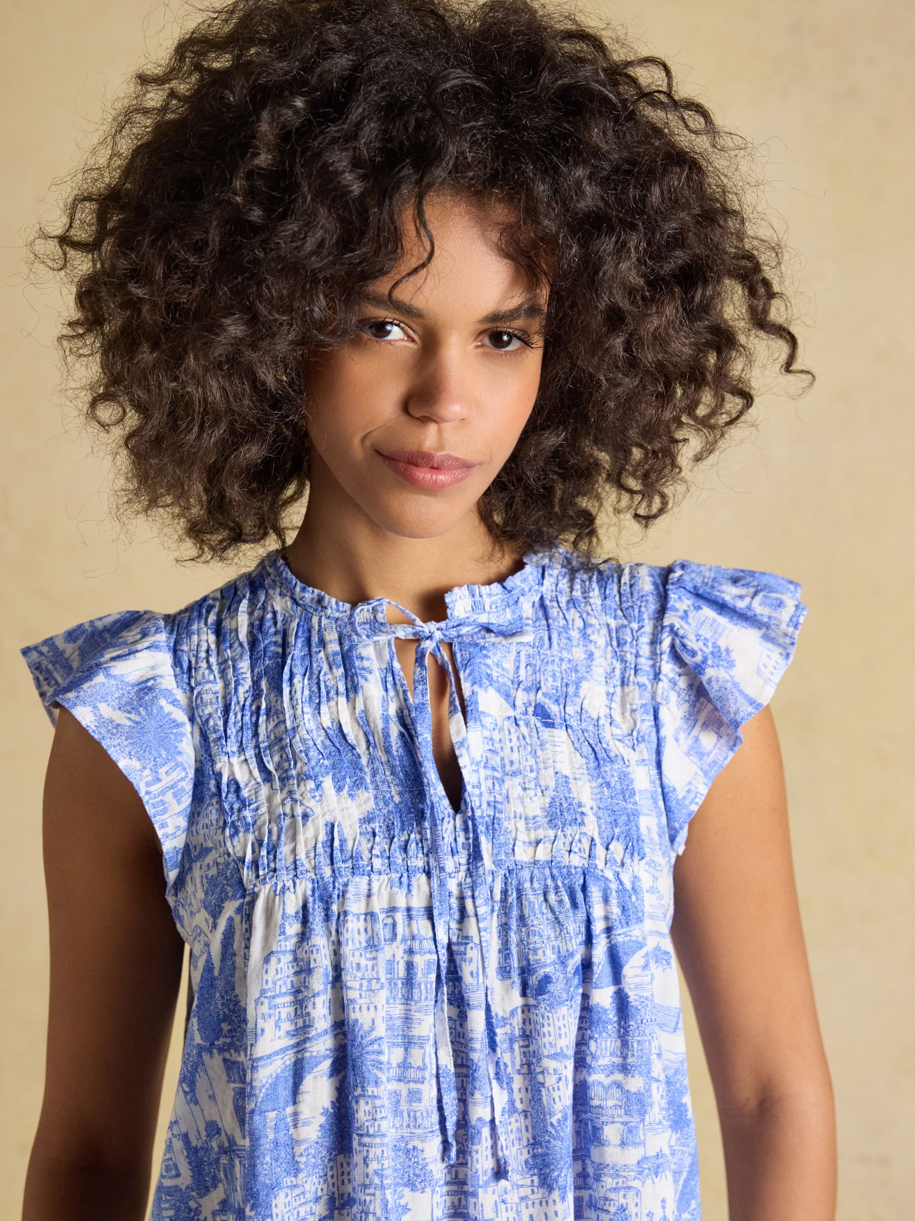 Nolan Blue Toile Sleeveless Tie Neck Blouse - Image 3 of 9