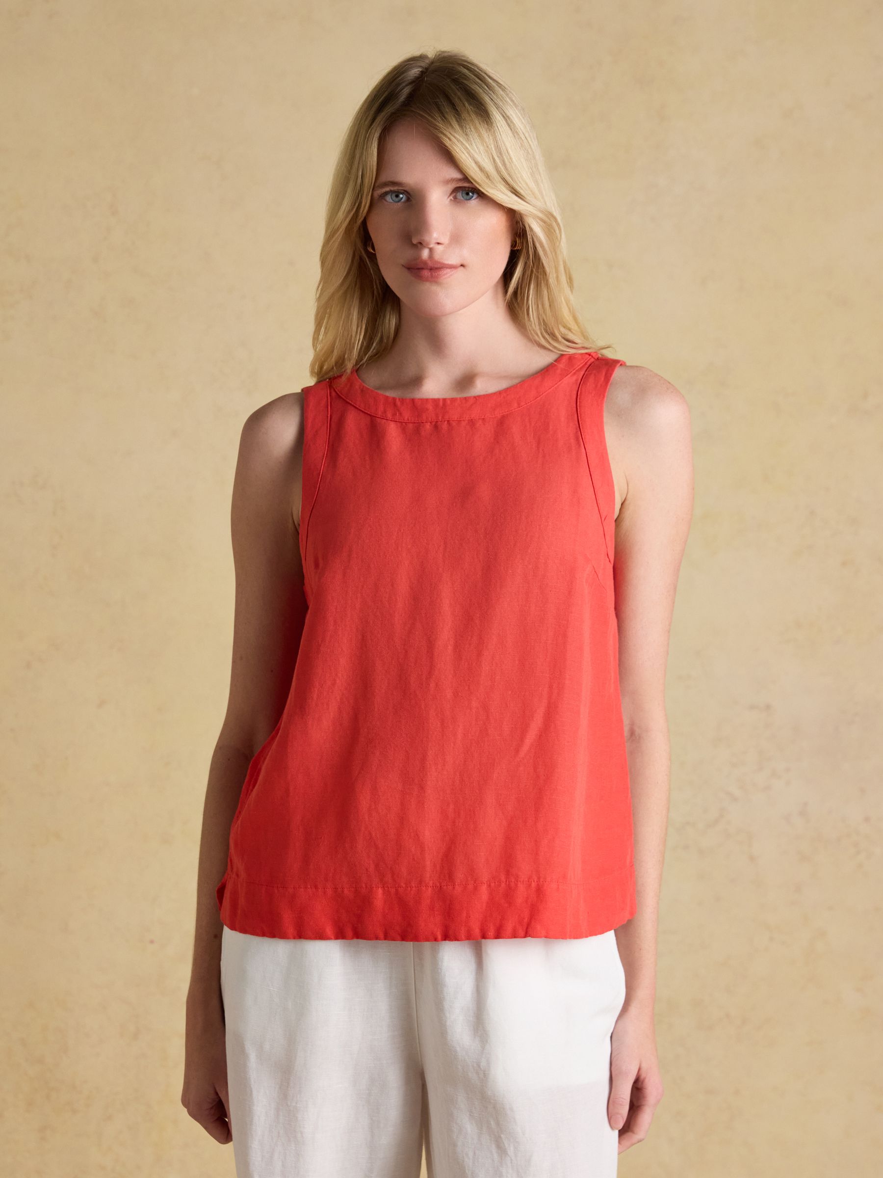 Cove Orange Round Neck Sleeveless Linen Blend Top - Image 1 of 7