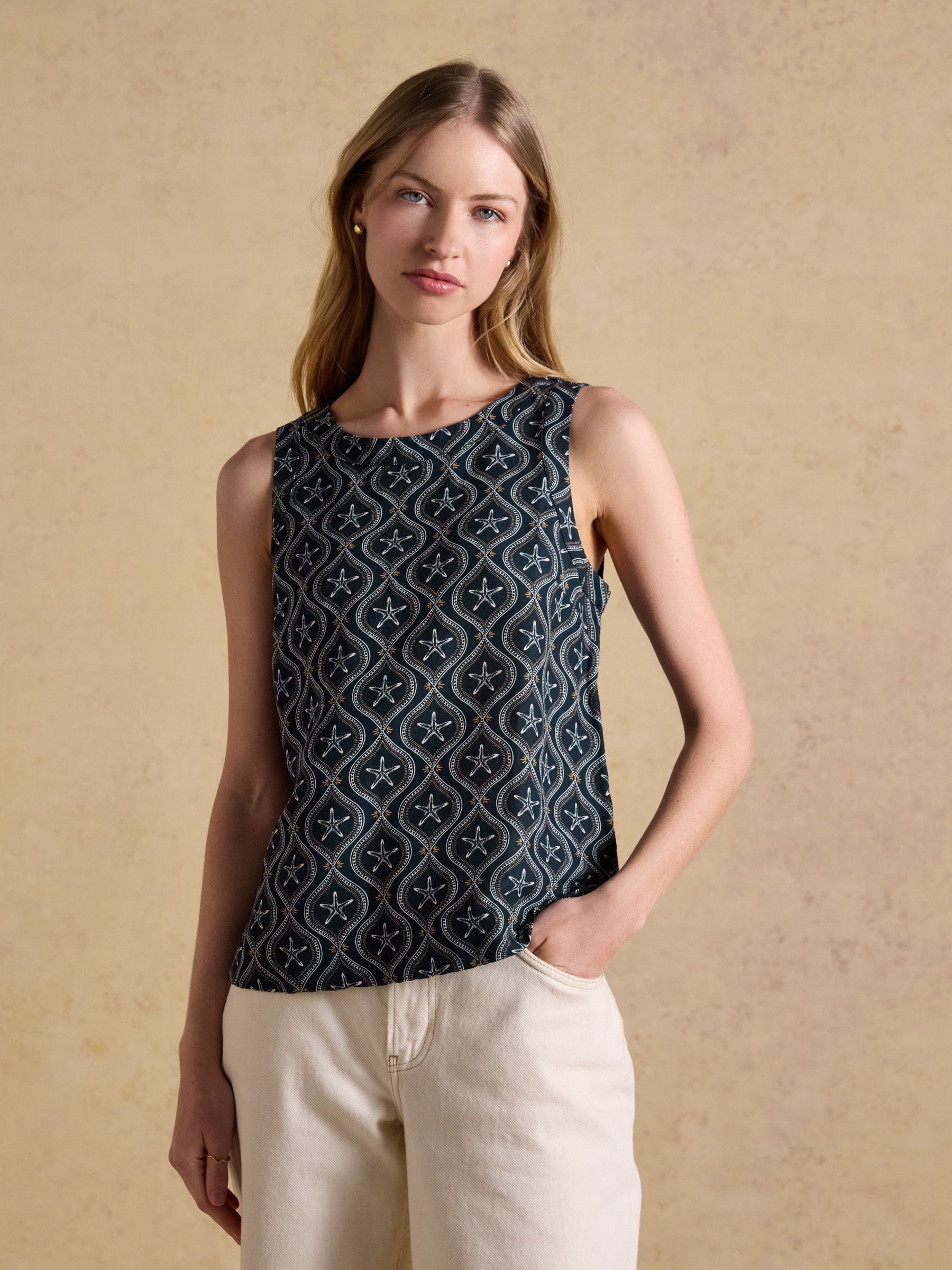 Cove Navy/Camel Round Neck Sleeveless Top with Linen - Image 1 of 8 Cove Navy/Camel Round Neck Sleeveless Top with Linen - Image 1 of 8