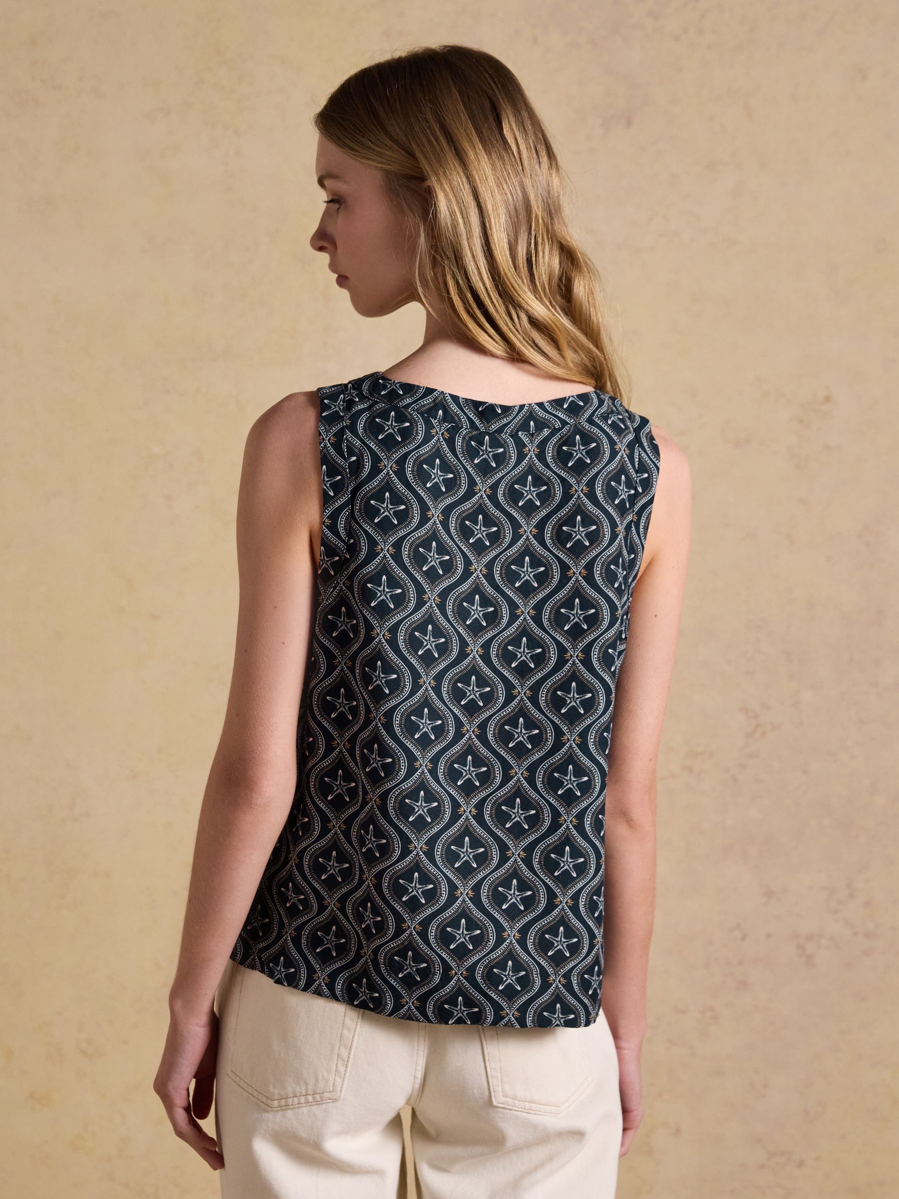 Cove Navy/Camel Round Neck Sleeveless Top with Linen - Image 2 of 8 Cove Navy/Camel Round Neck Sleeveless Top with Linen - Image 2 of 8