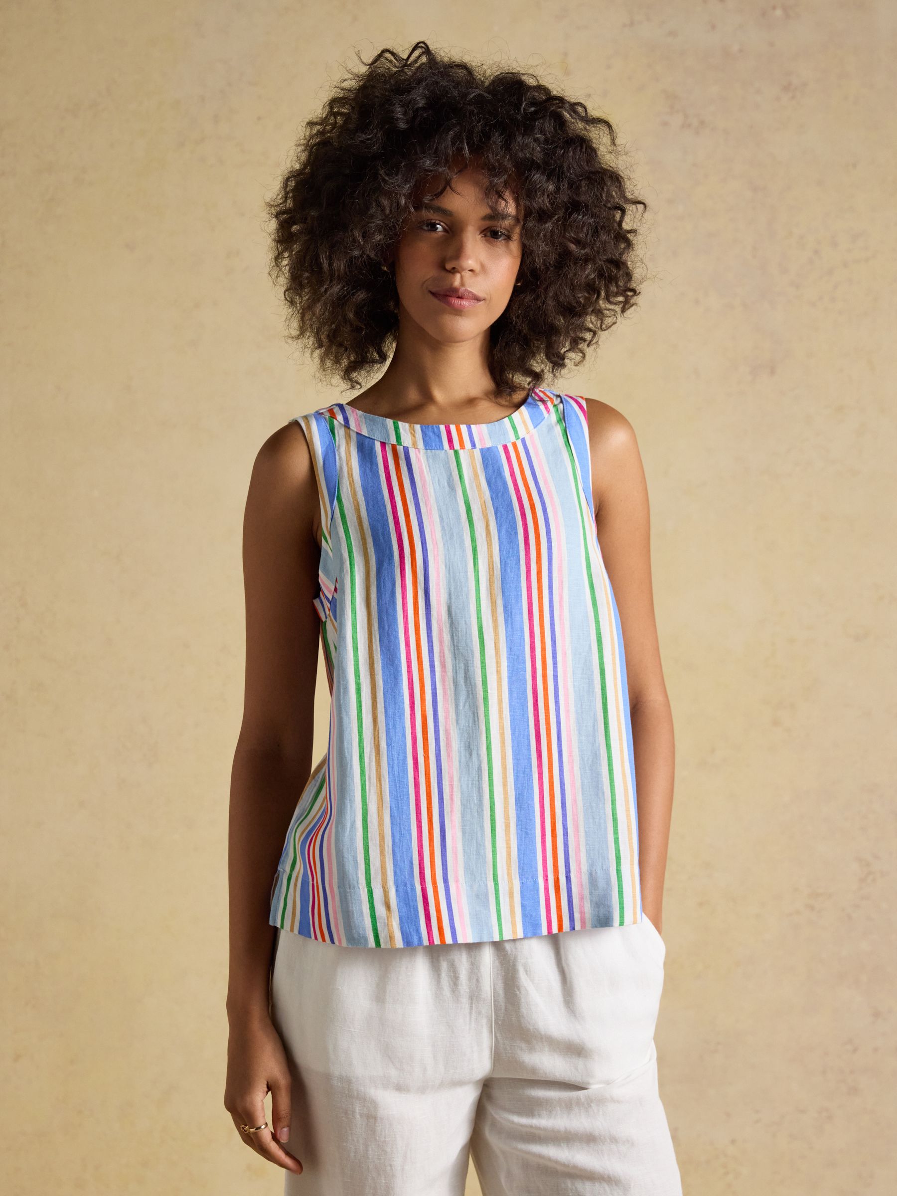 Cove Multi Stripe Round Neck Sleeveless Top with Linen - Image 1 of 9