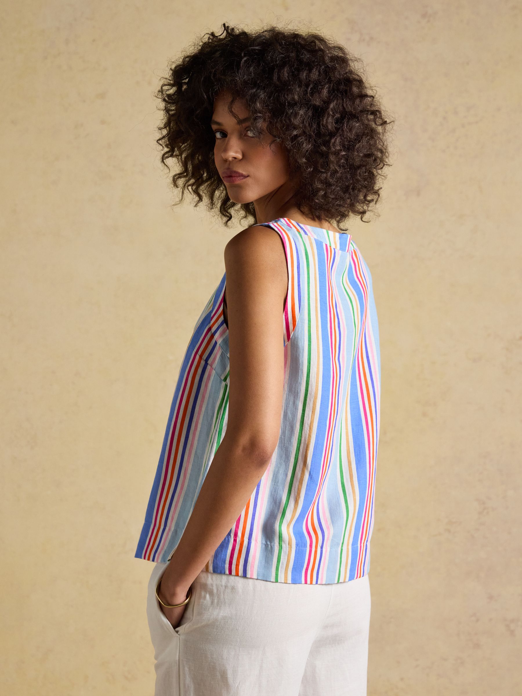 Cove Multi Stripe Round Neck Sleeveless Top with Linen - Image 2 of 9