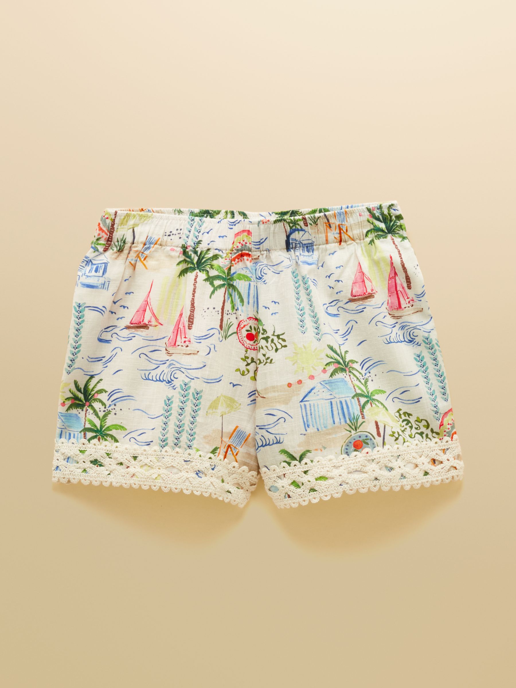 Crochet Trim White Coastal Scene Print Pull On Short - Image 12 of 12