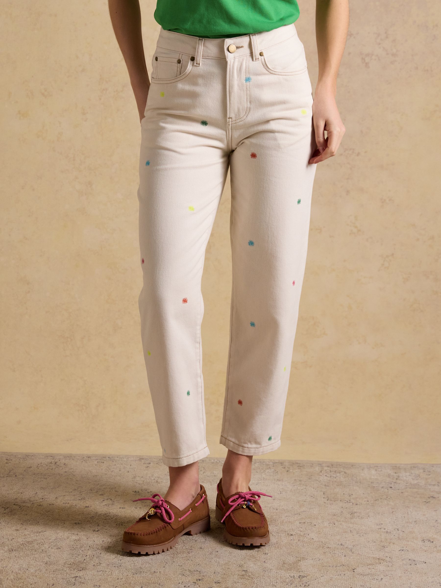 Cream Embroidered High-Waisted Tapered Fit Jeans - Image 1 of 7 Cream Embroidered High-Waisted Tapered Fit Jeans - Image 1 of 7