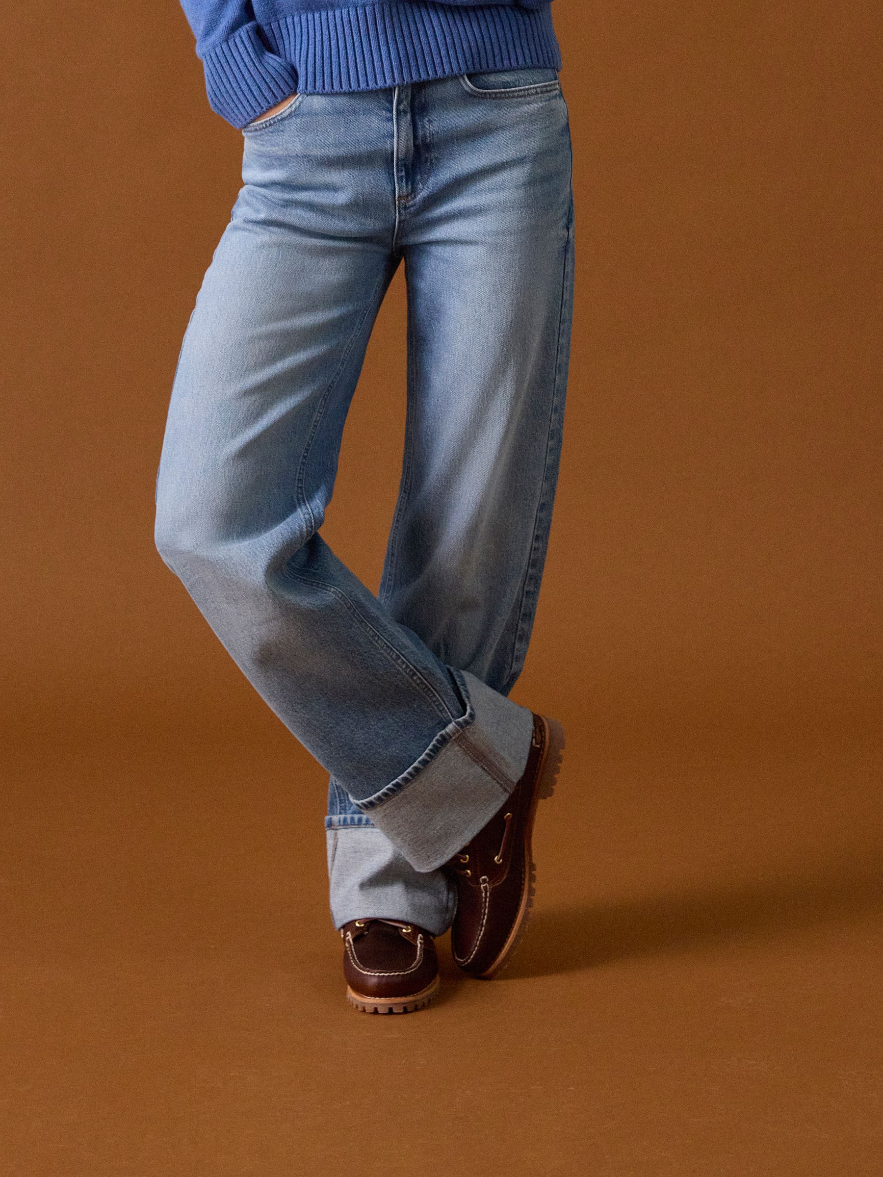 High Waisted Mid Blue Wide Leg Turn Up Jeans - Image 1 of 2