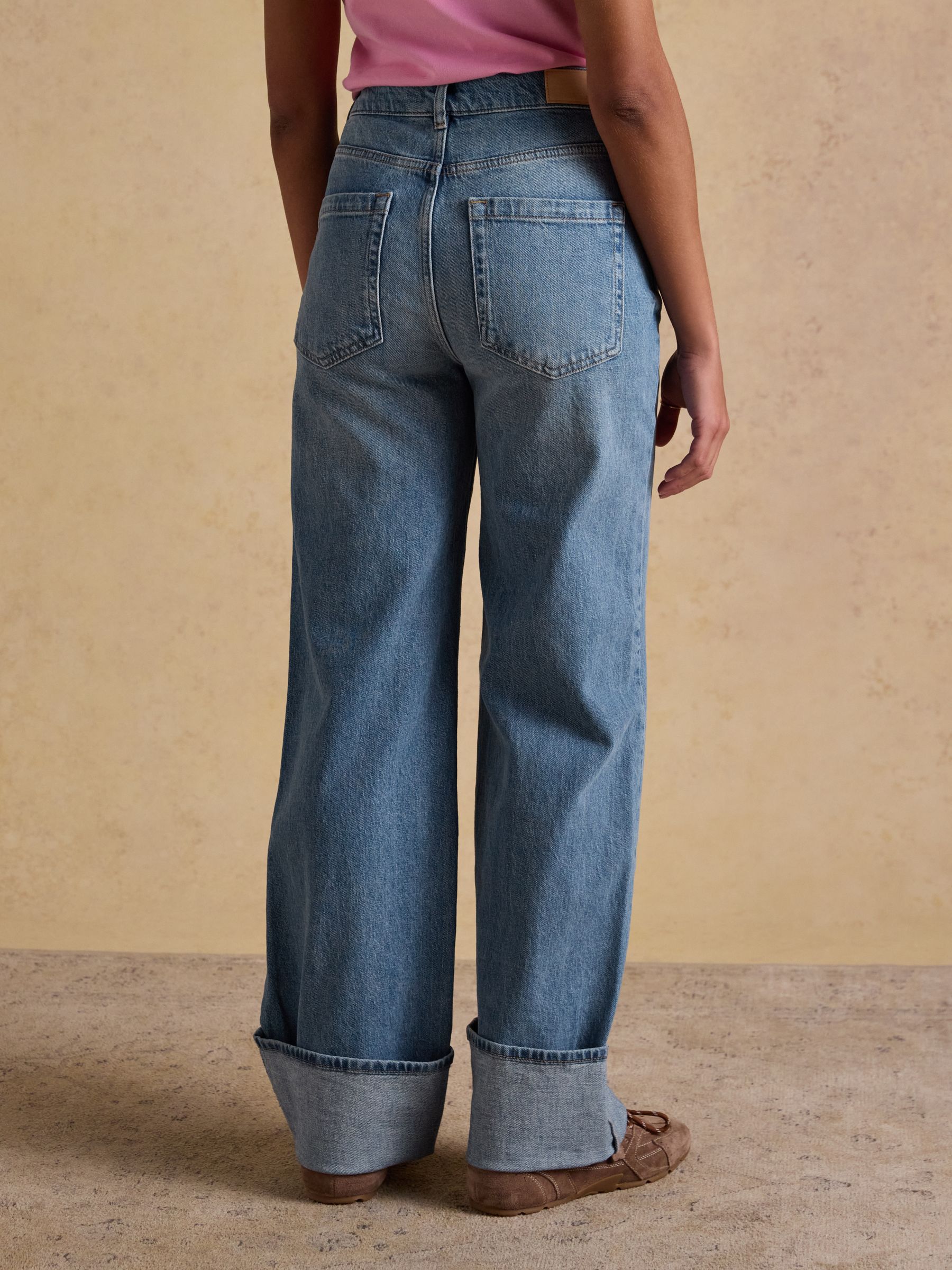 High Waisted Mid Blue Wide Leg Turn Up Jeans - Image 4 of 10