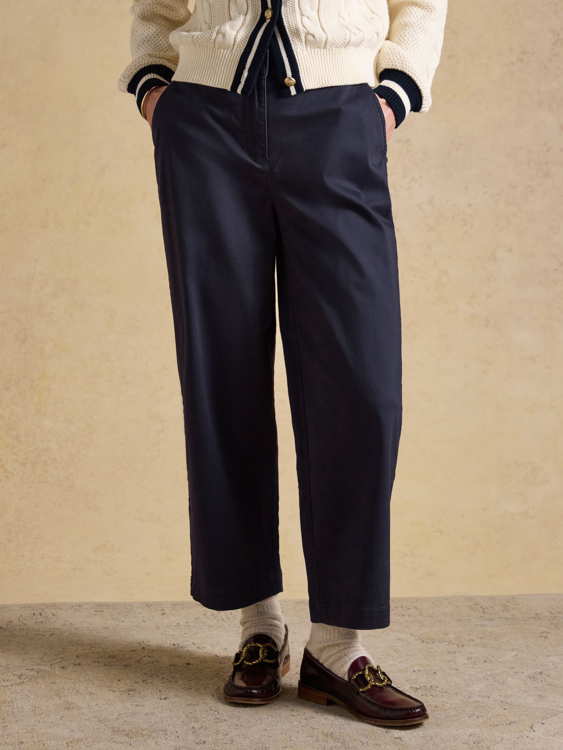 Navy Wide Leg Cropped Chino Trousers with Elasticated Waist - Image 1 of 6