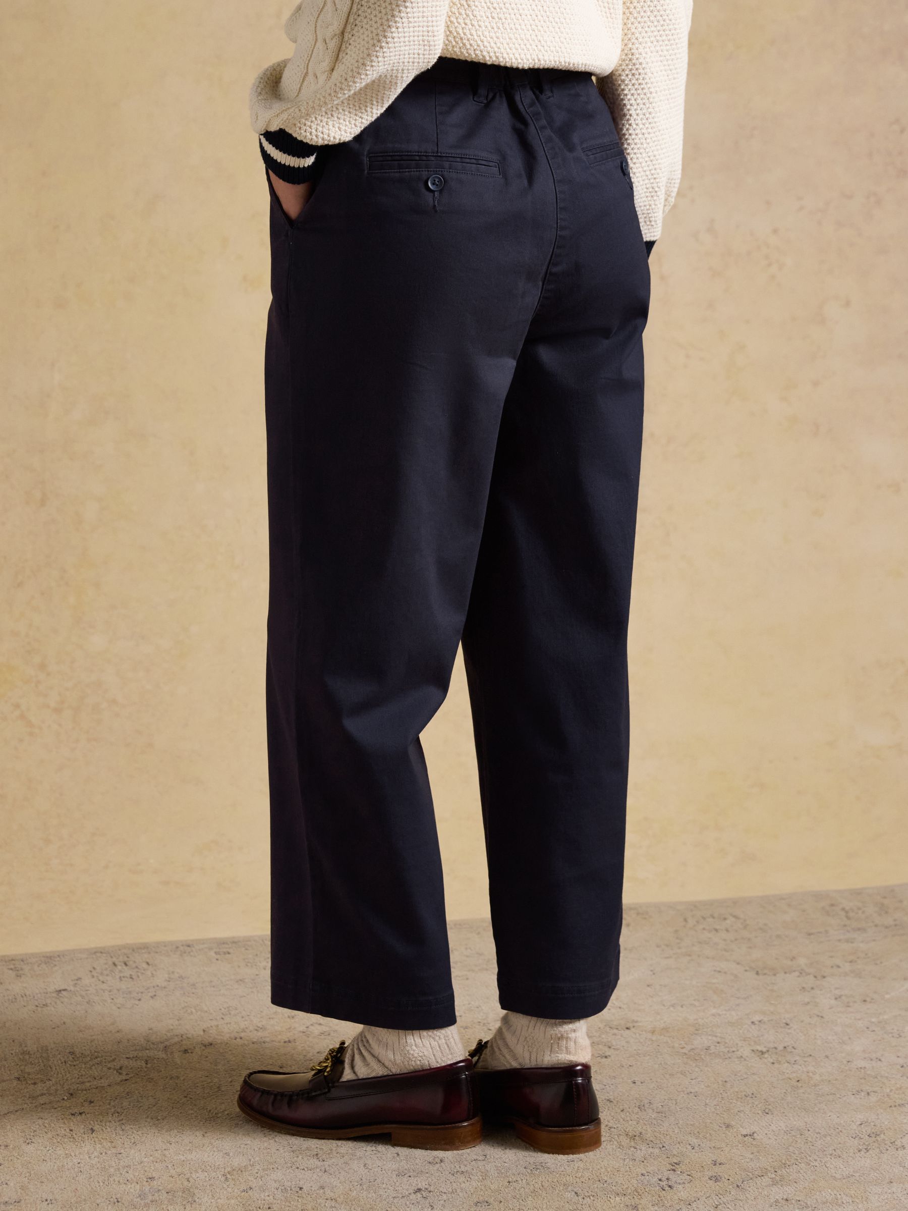 Navy Wide Leg Cropped Chino Trousers with Elasticated Waist - Image 2 of 6 Navy Wide Leg Cropped Chino Trousers with Elasticated Waist - Image 2 of 6