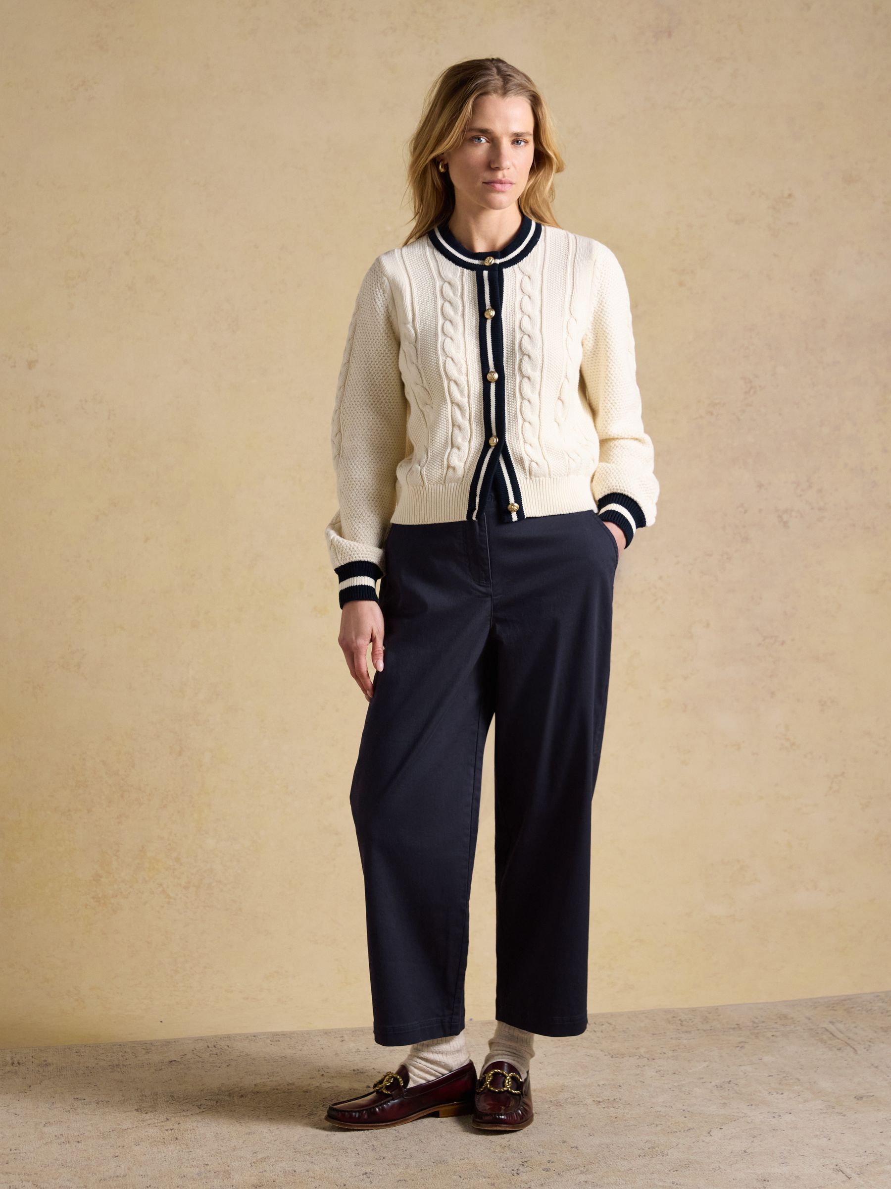 Navy Wide Leg Cropped Chino Trousers with Elasticated Waist - Image 3 of 6