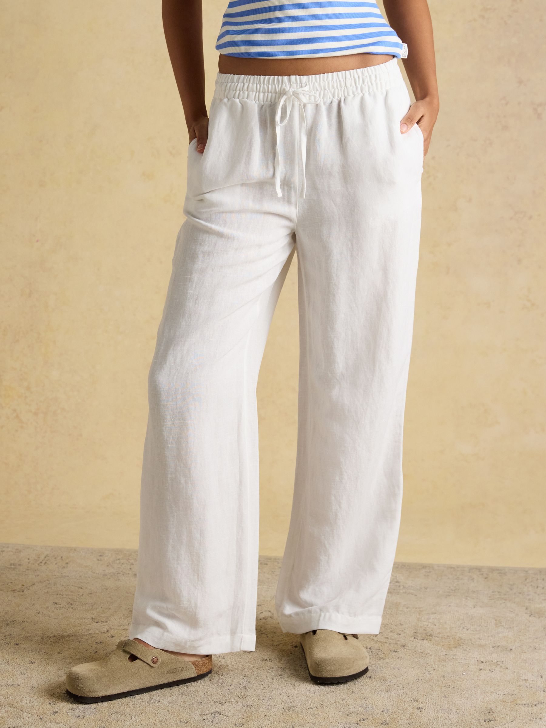 White Relaxed Wide Leg Trousers with Linen