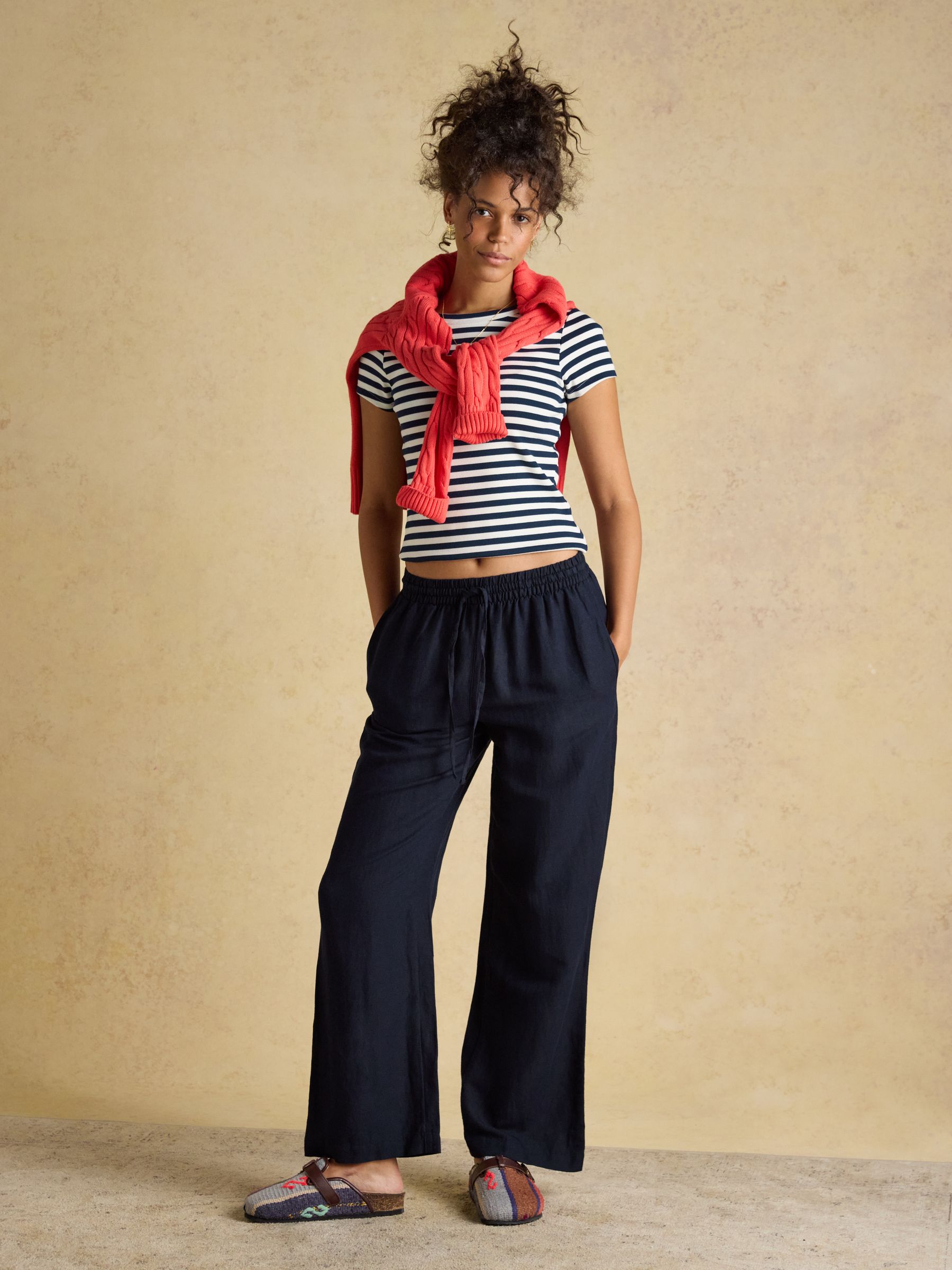 Navy Relaxed Wide Leg Linen Blend Trousers - Image 3 of 7