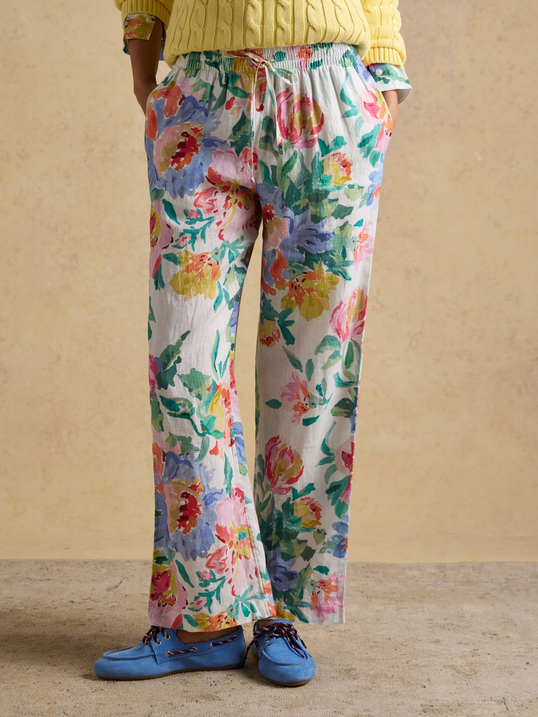Multi Floral Relaxed Wide Leg Trousers with Linen - Image 3 of 10