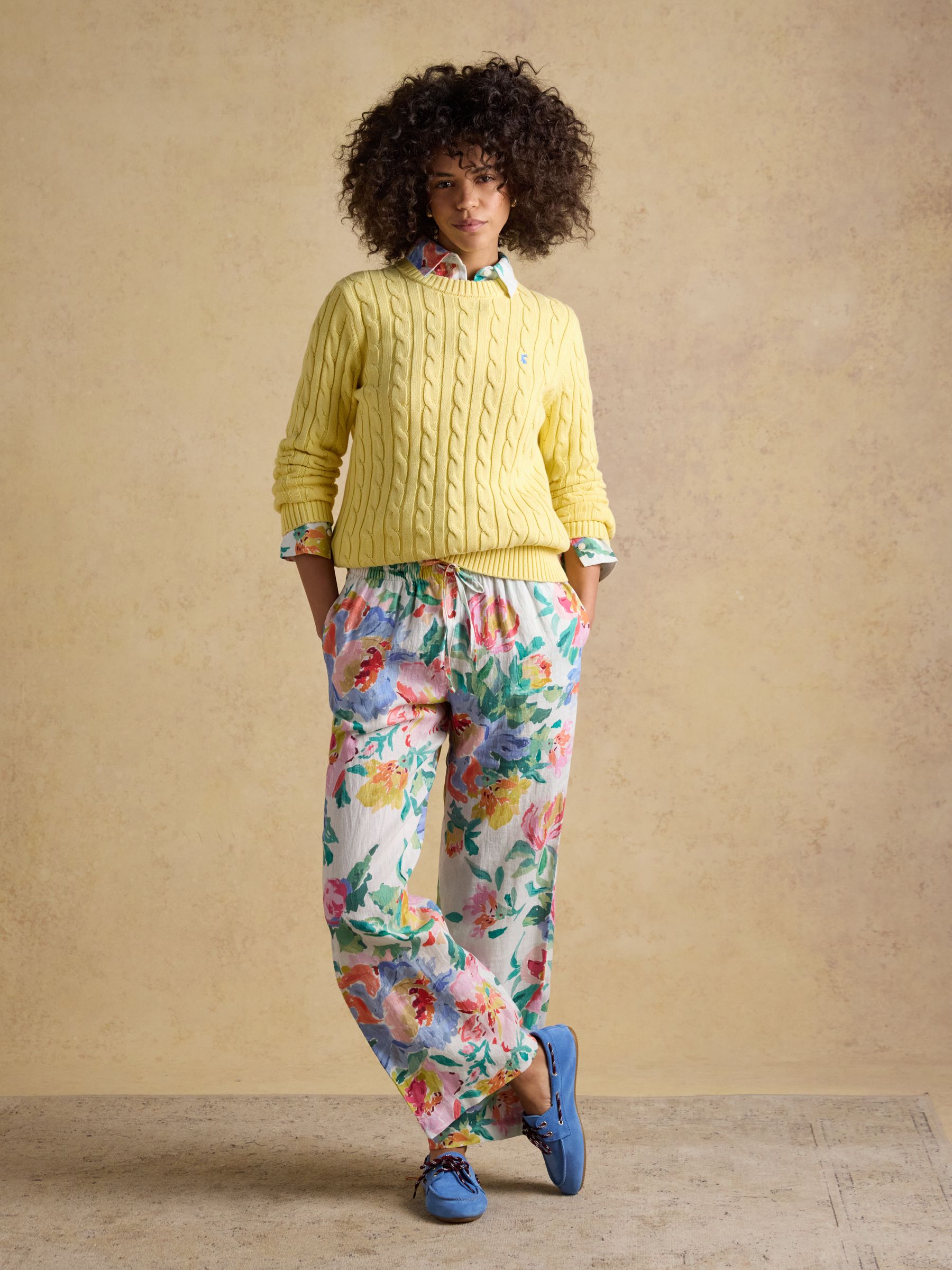 Multi Floral Relaxed Wide Leg Trousers with Linen - Image 5 of 10