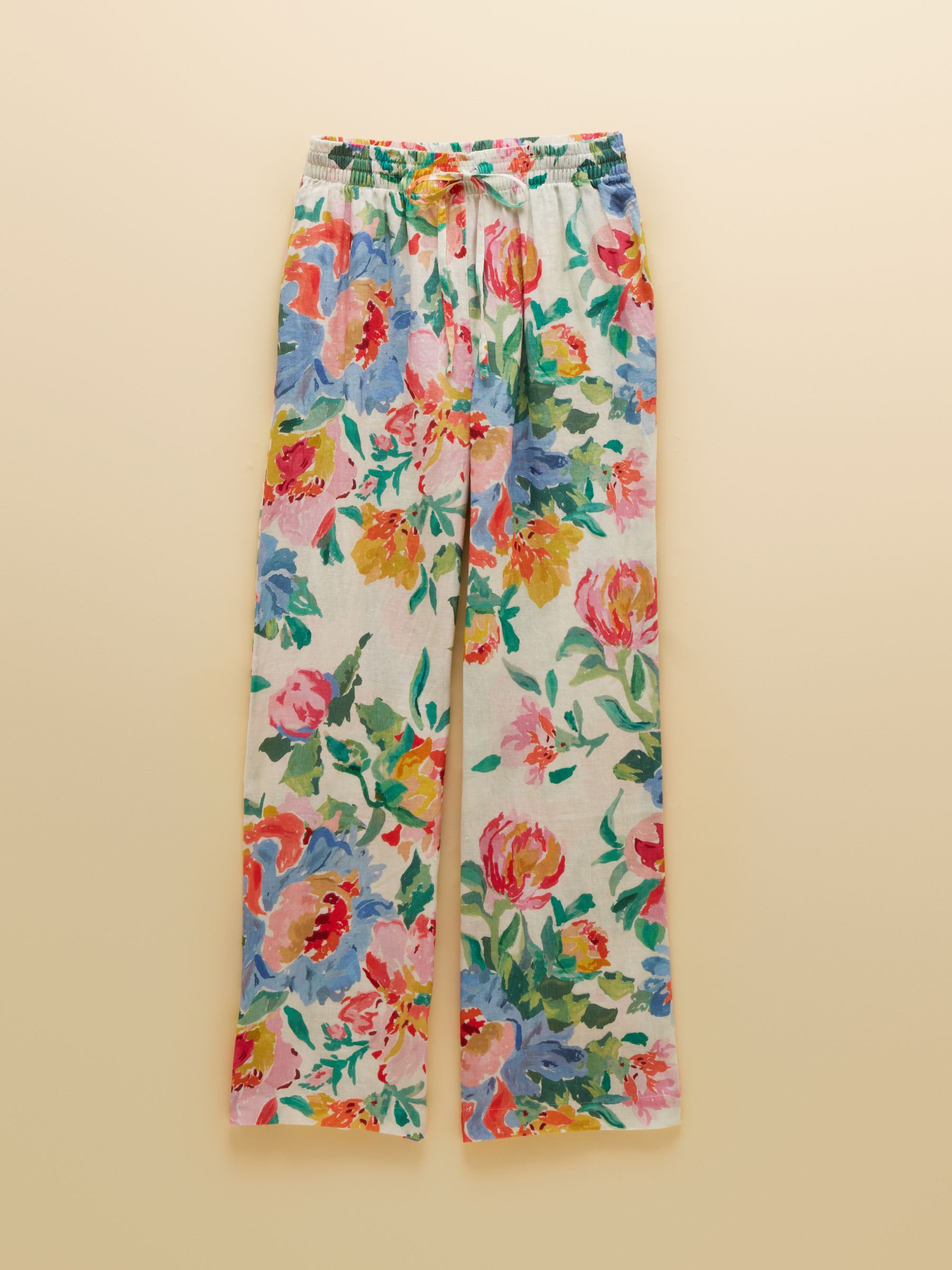 White Artist Floral Pure Linen Relaxed Wide Leg Trousers - Image 8 of 8