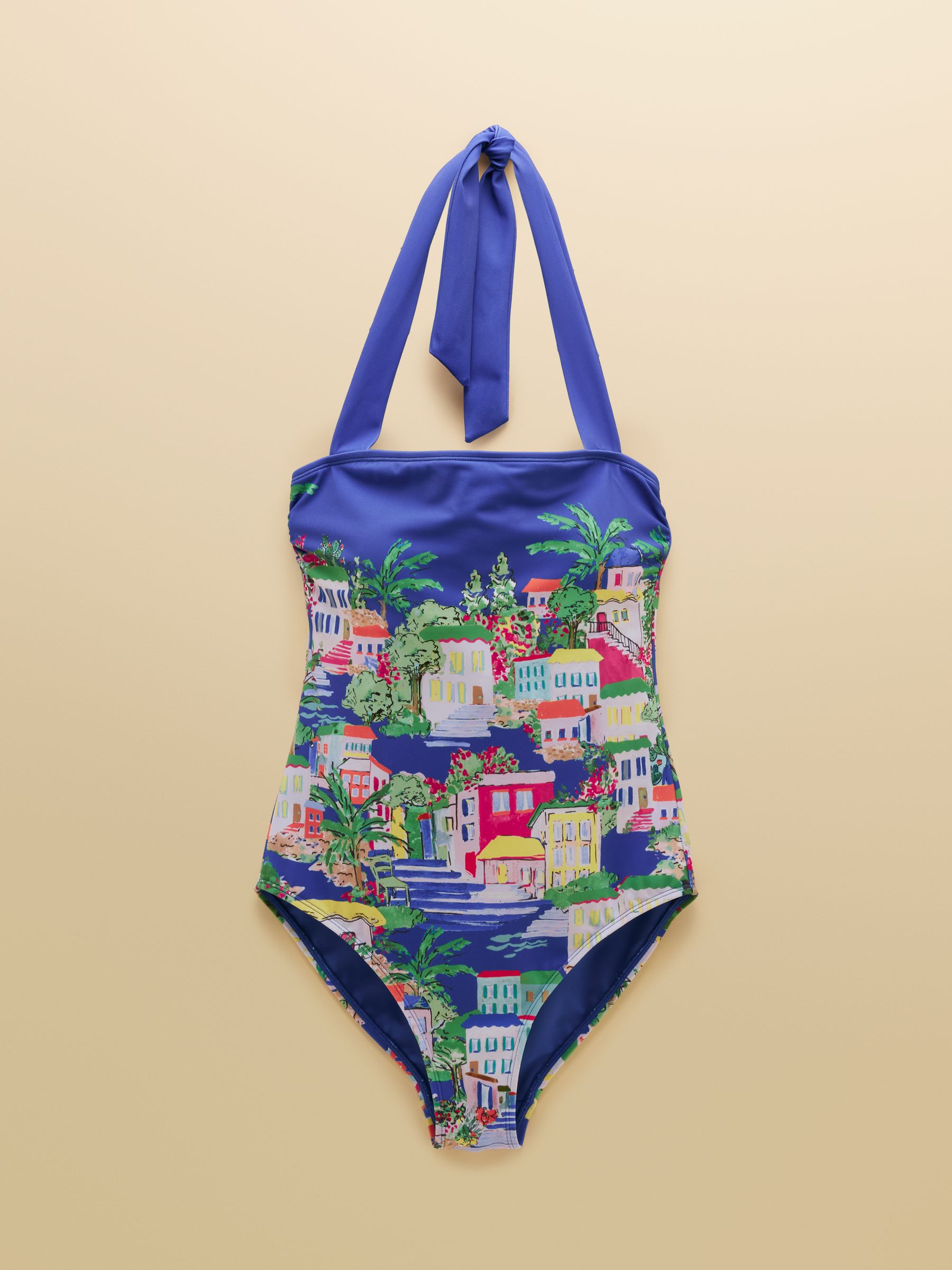 Blue Coastal Scene Print Halter Neck Swimsuit - Image 8 of 8 Blue Coastal Scene Print Halter Neck Swimsuit - Image 8 of 8