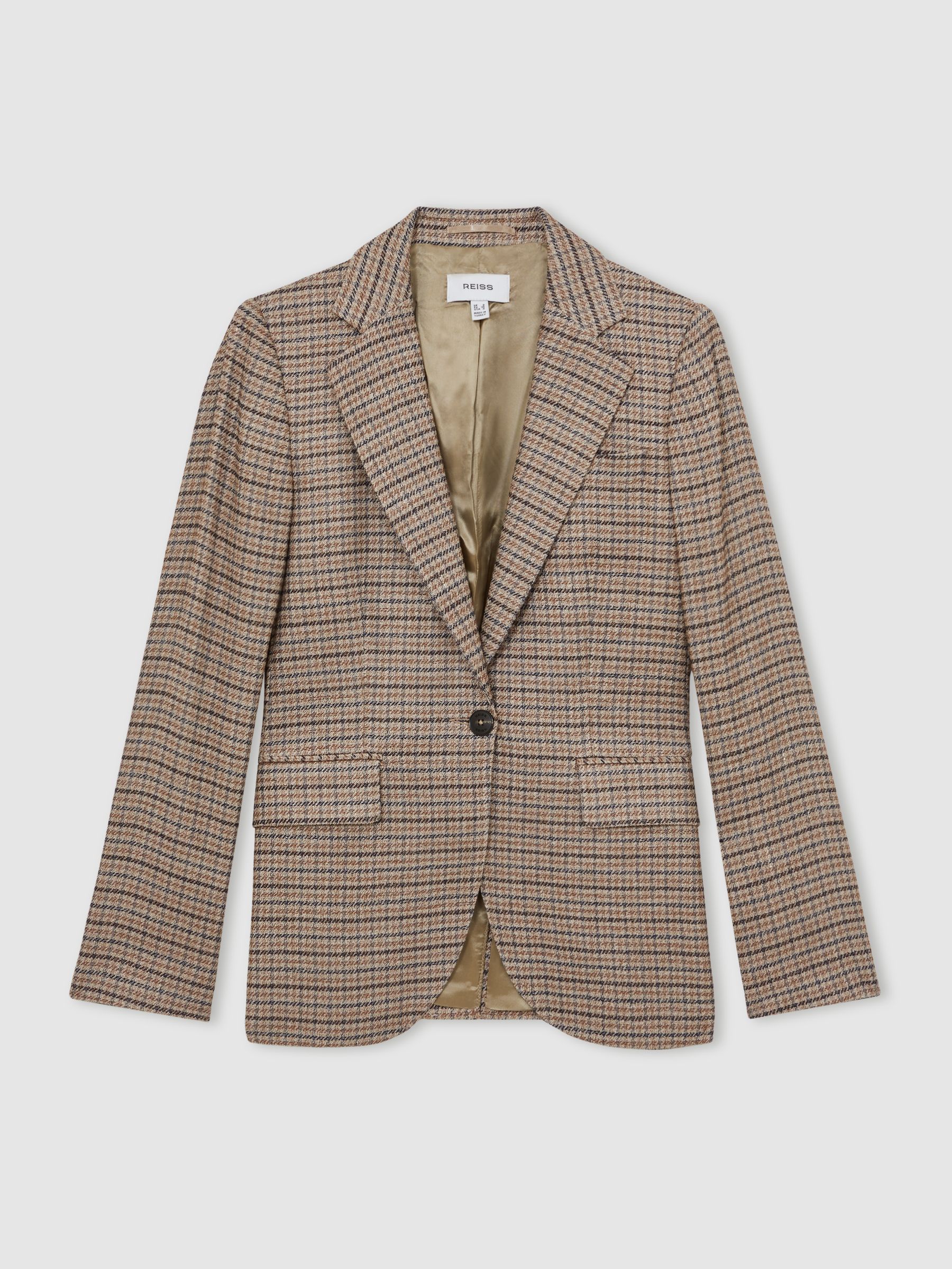 Single-Breasted Check Suit Blazer With Linen in Neutral Check - Image 2 of 7