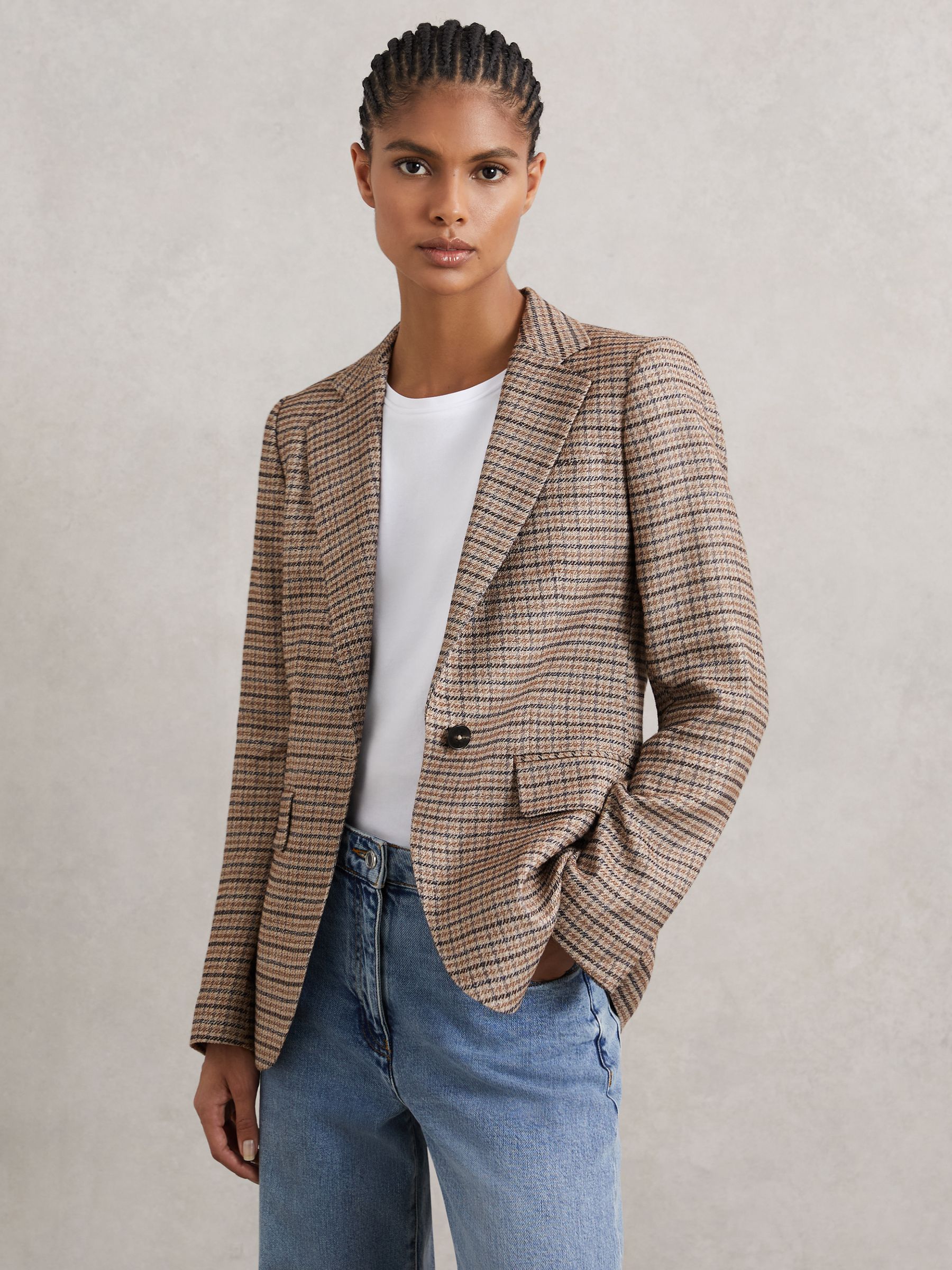 Single-Breasted Check Suit Blazer With Linen in Neutral Check - Image 3 of 7