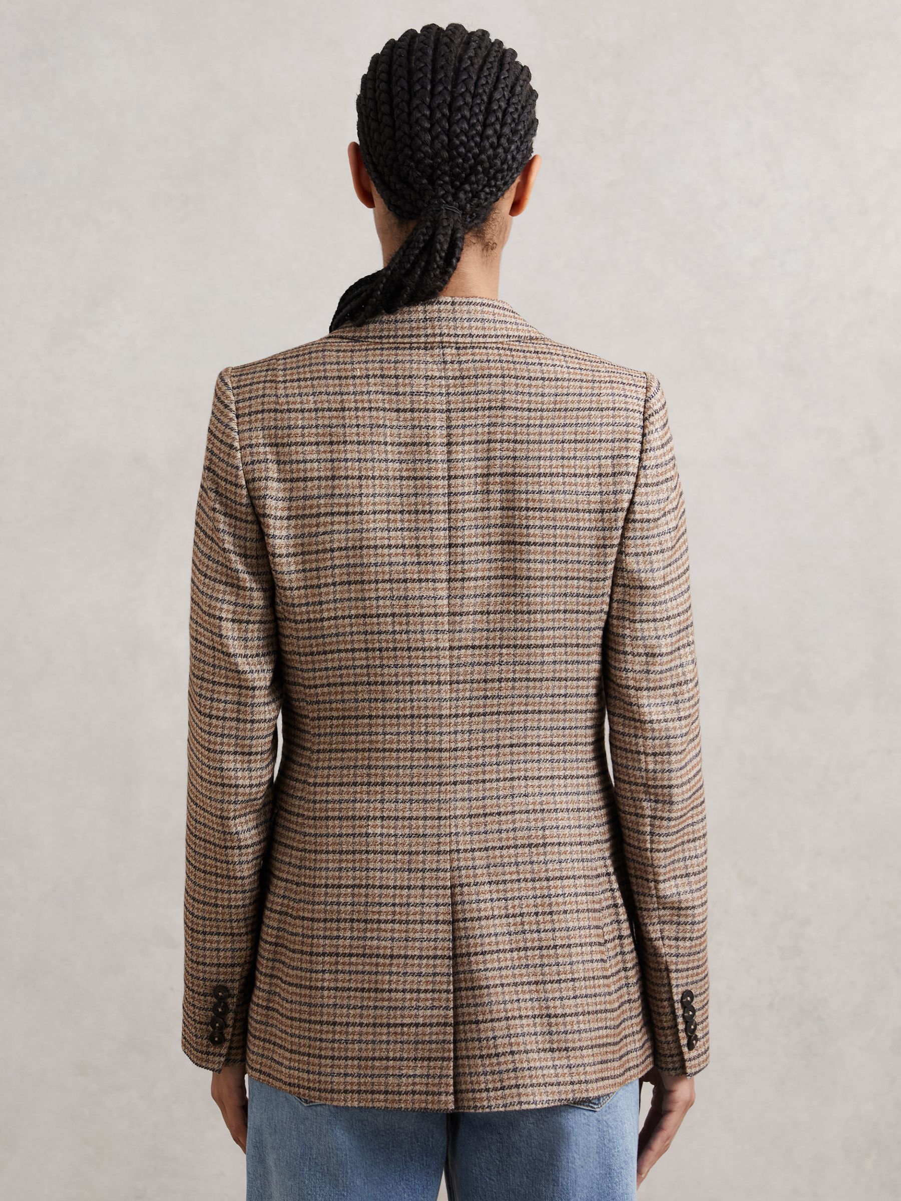 Single-Breasted Check Suit Blazer With Linen in Neutral Check - Image 6 of 7